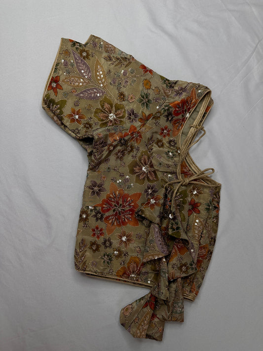 Green Sequence Embroidery Silk Blouse