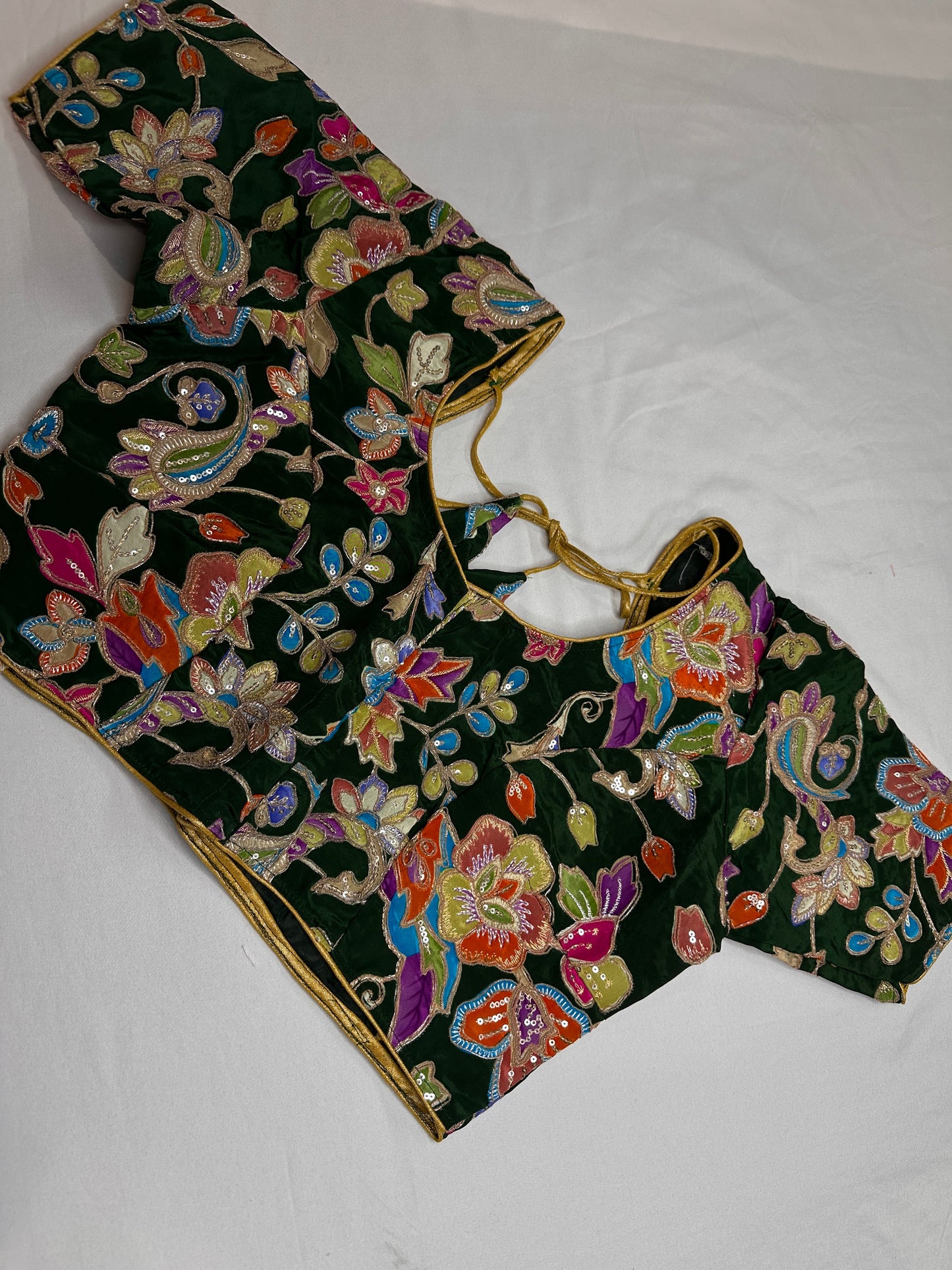 Green Sequence Embroidery Silk Blouse