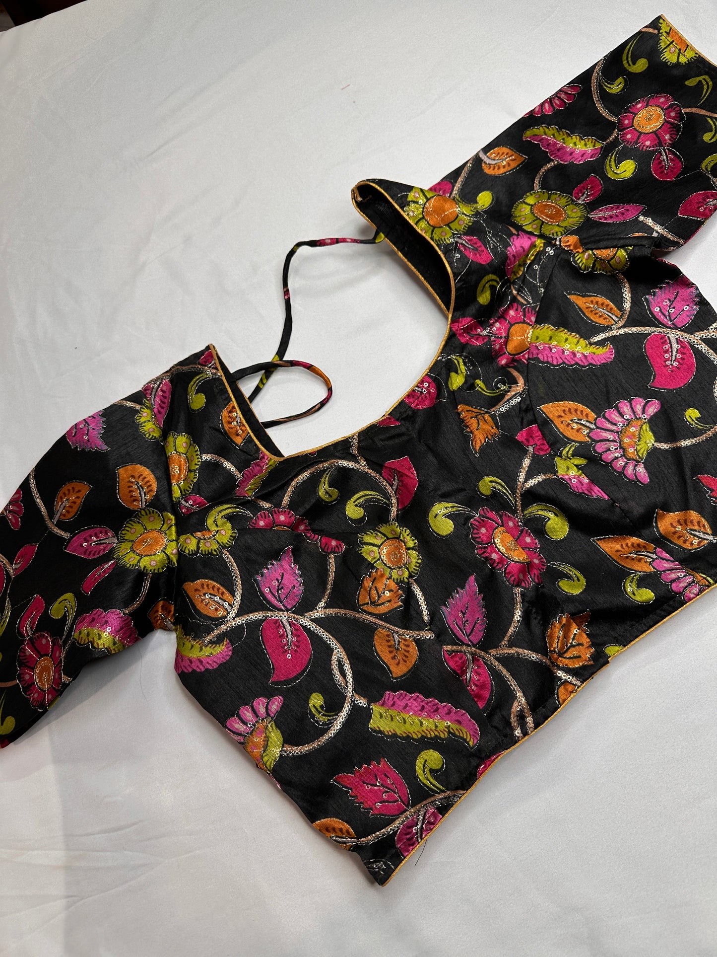 Black Sequence Embroidery Silk Blouse
