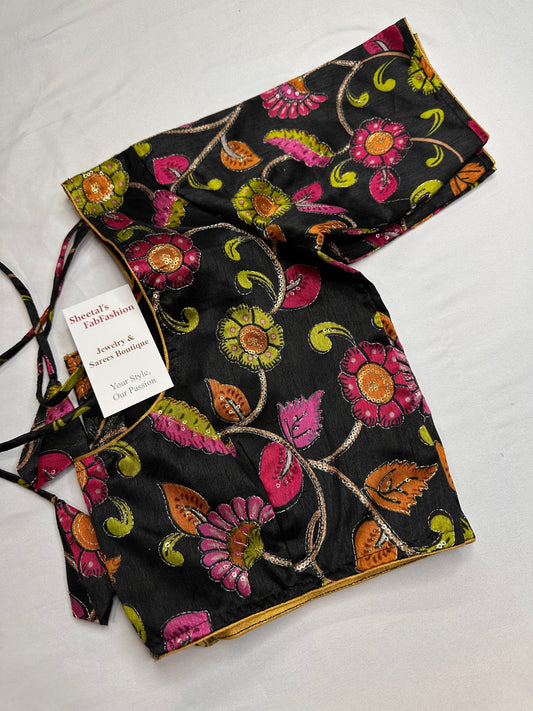 Black Sequence Embroidery Silk Blouse