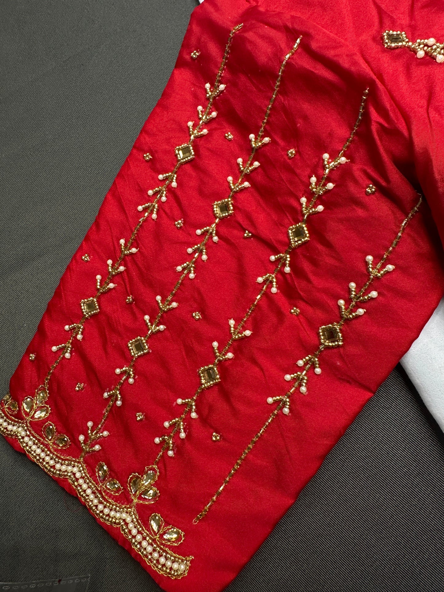 Red Kardana Pearls Maggam Blouse