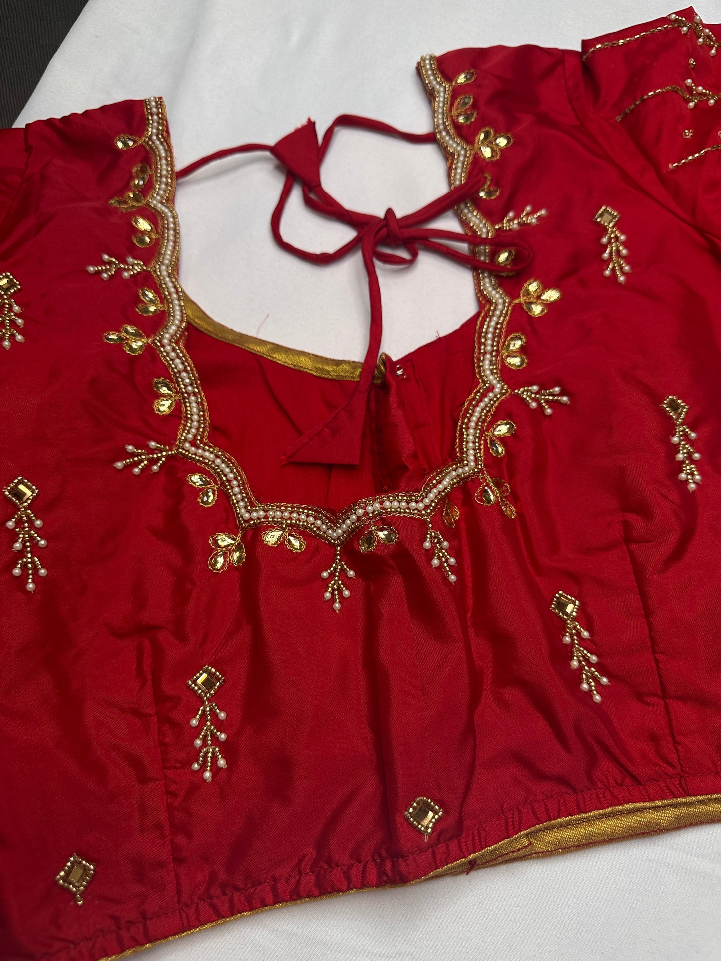 Red Kardana Pearls Maggam Blouse