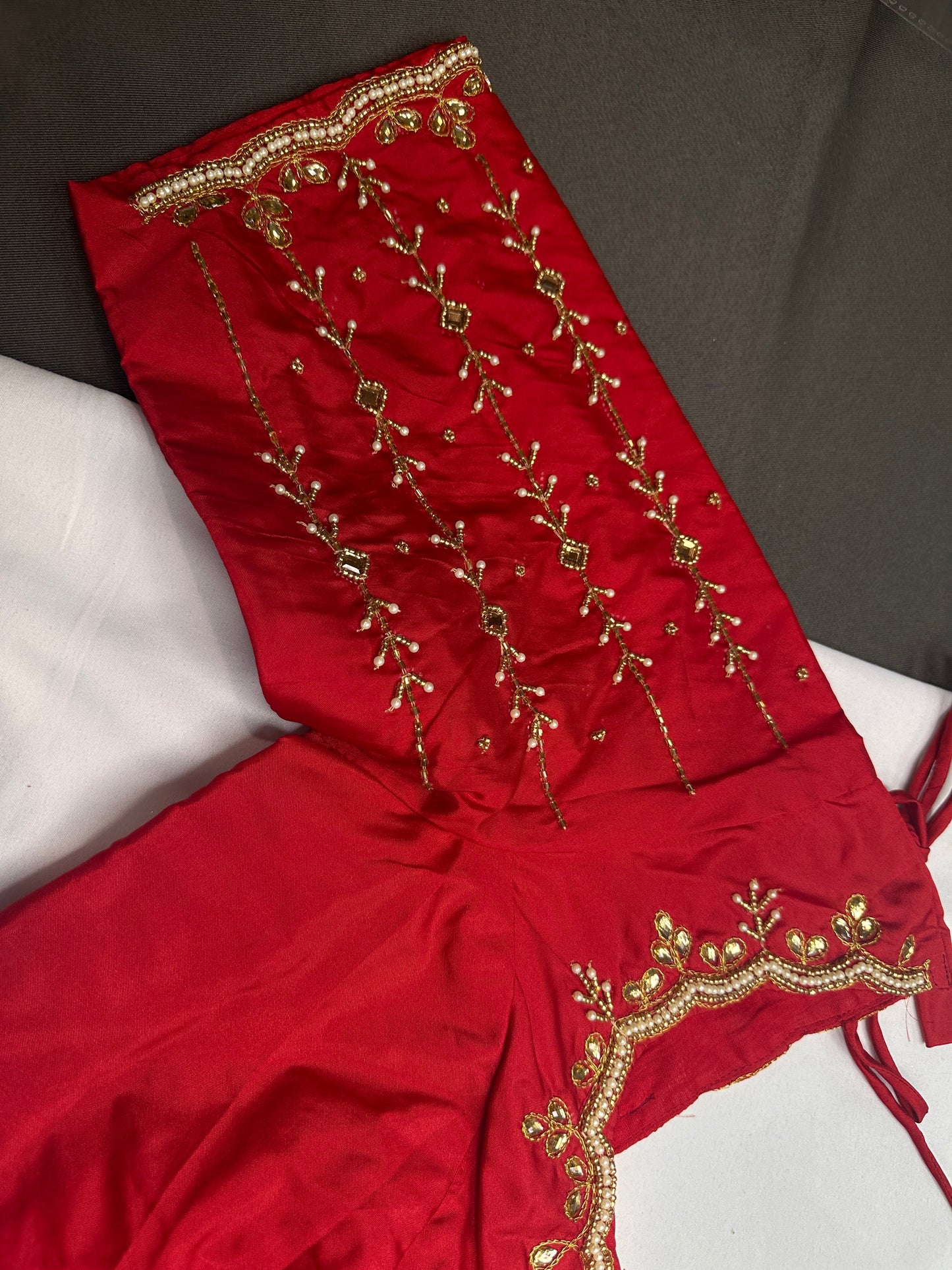 Red Kardana Pearls Maggam Blouse