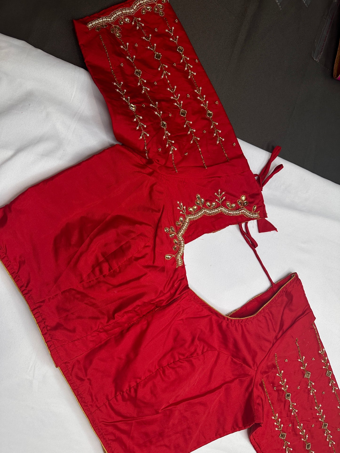 Red Kardana Pearls Maggam Blouse