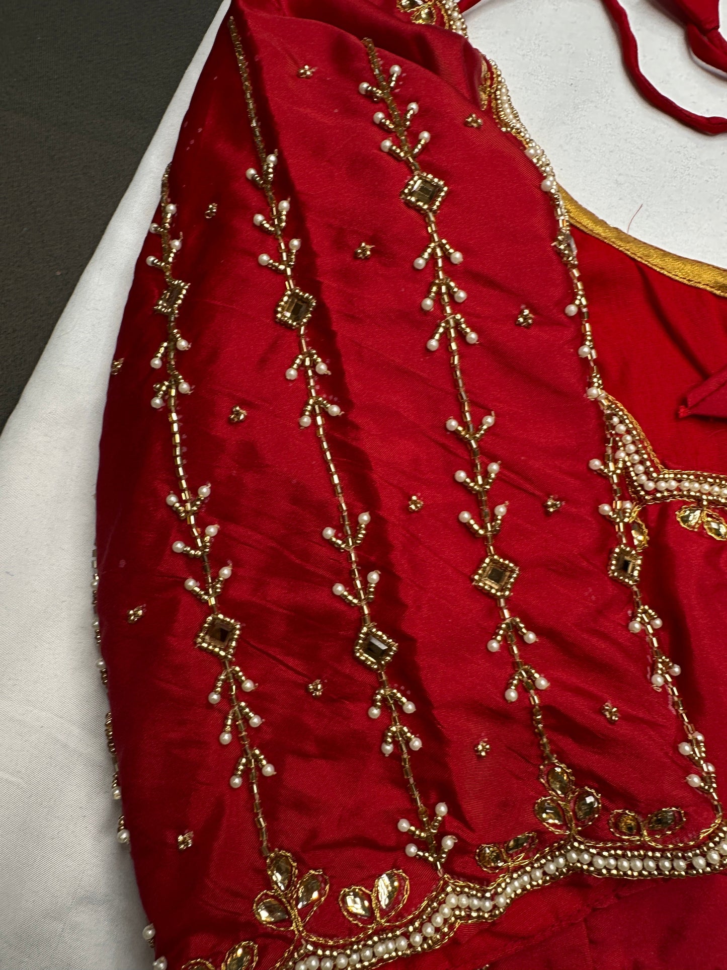 Red Kardana Pearls Maggam Blouse