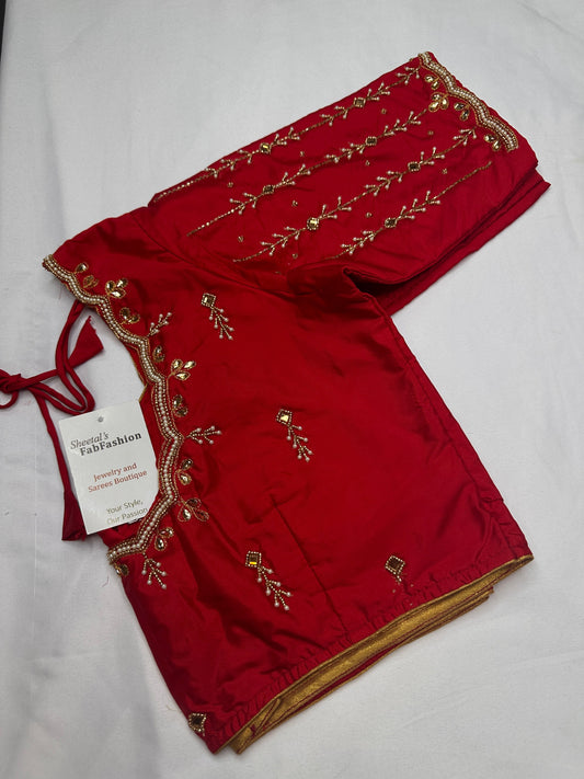 Red Kardana Pearls Maggam Blouse