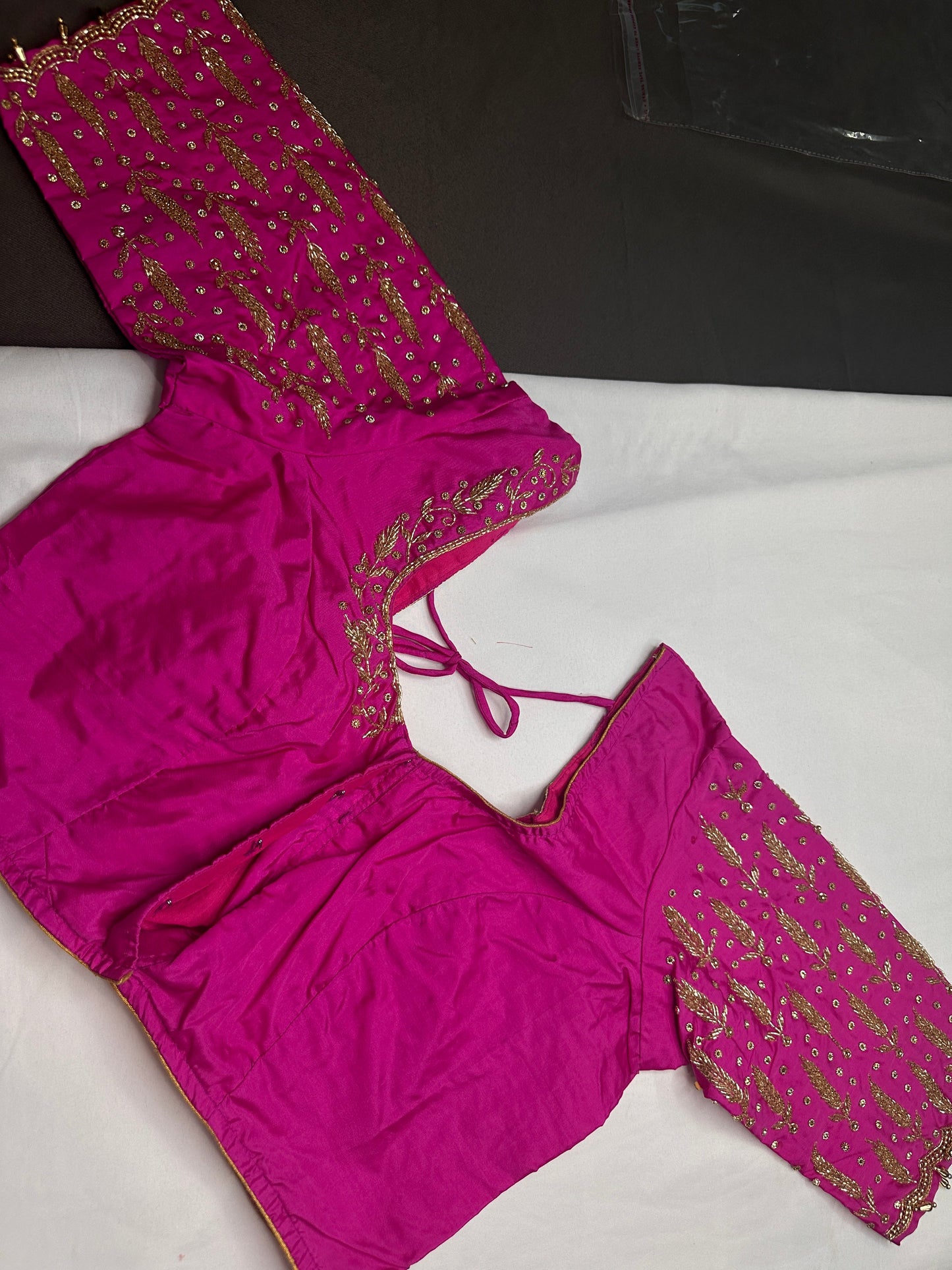 Pink Leaf Kardana Pearls Maggam Blouse