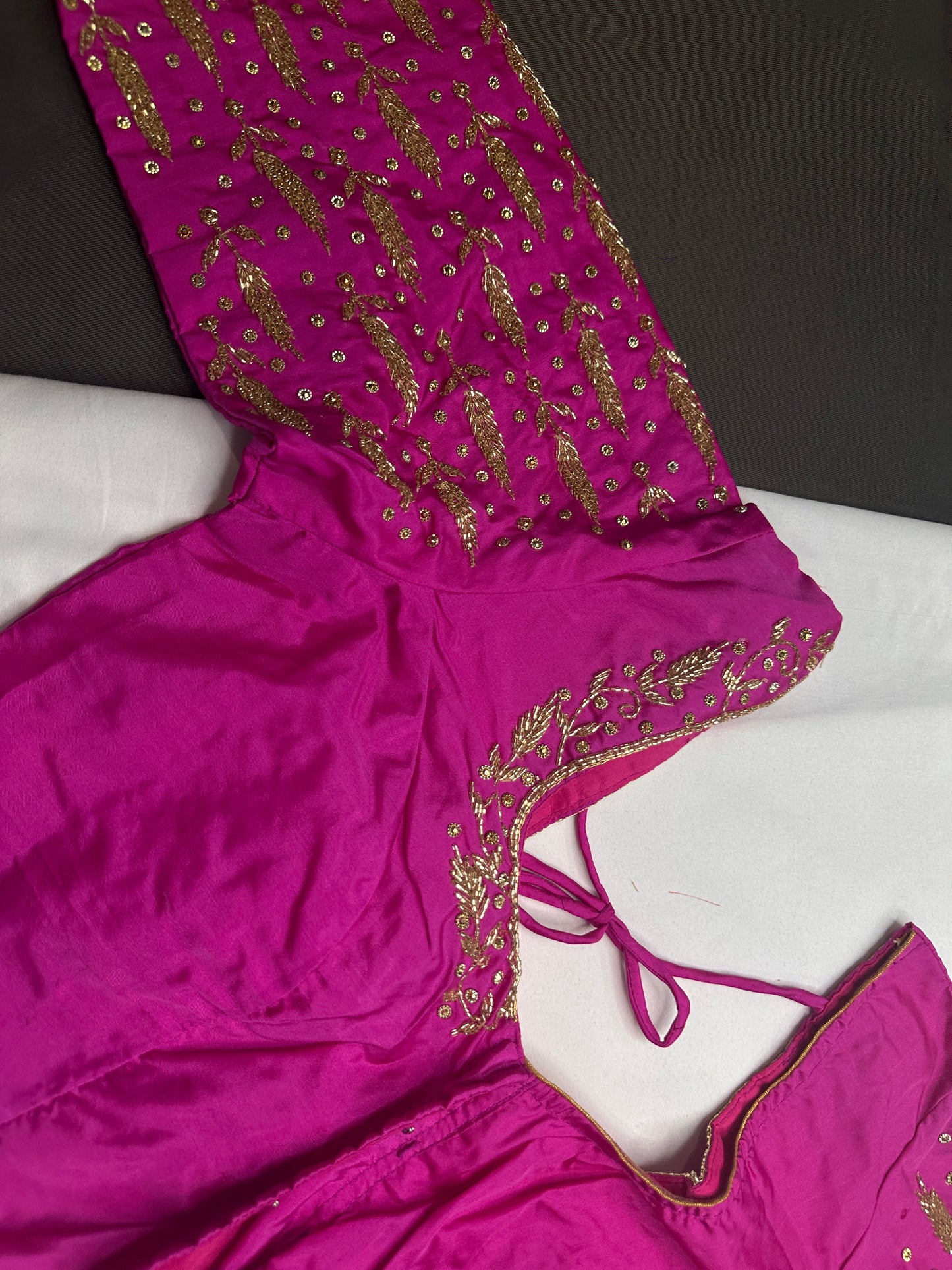 Pink Leaf Kardana Pearls Maggam Blouse