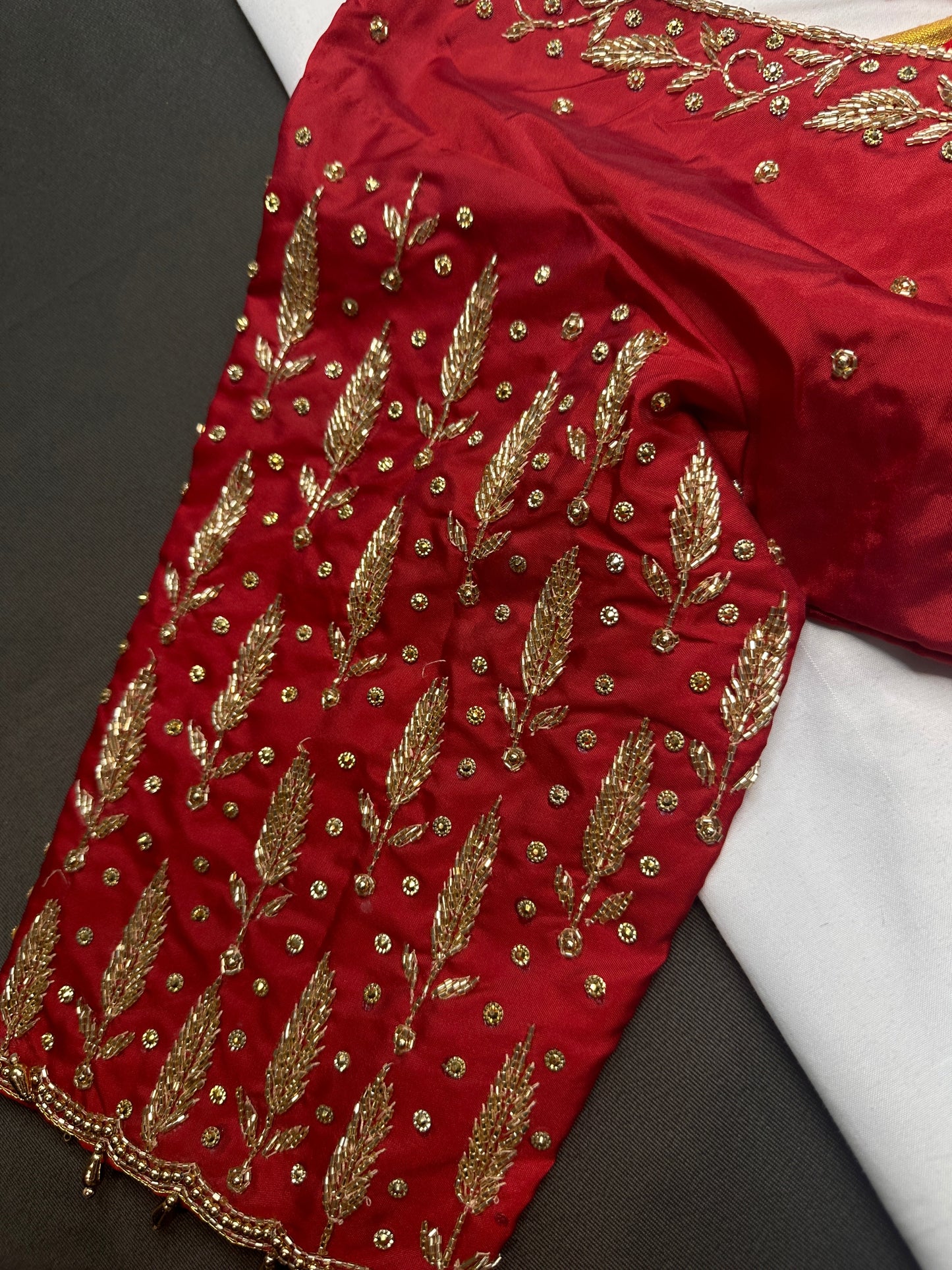Red Leaf Kardana Pearls Maggam Blouse