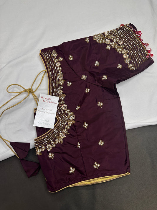 Plum Purple Kardana Silk Maggam Aari Blouse