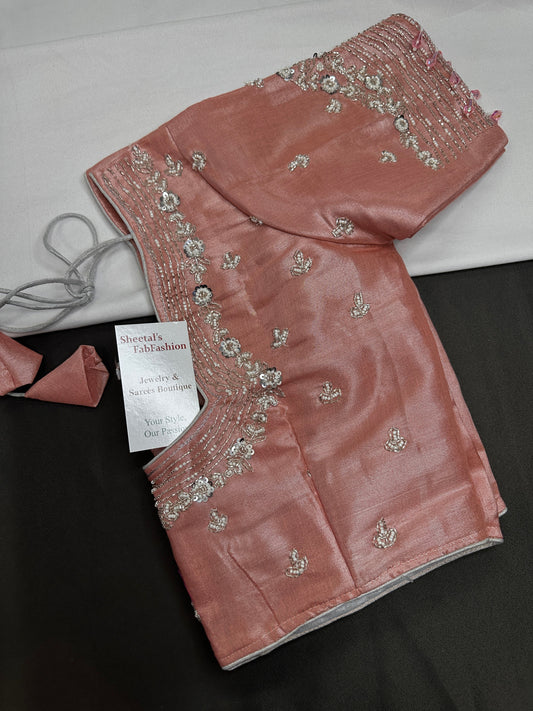 Pink Silver Kardana Tissue Silk Maggam Aari Blouse
