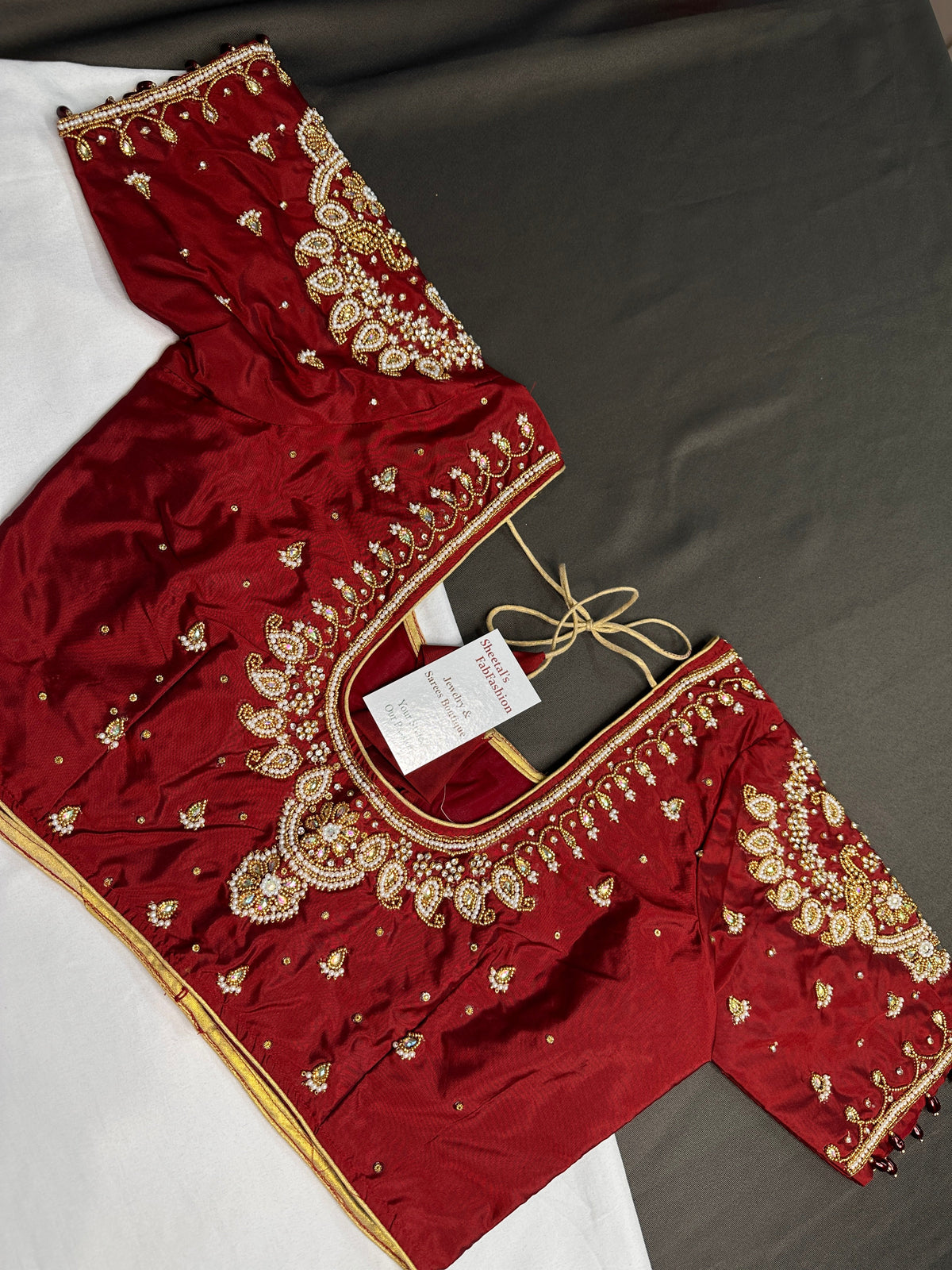 Marron Red Pearl Silk Maggam Aari Blouse