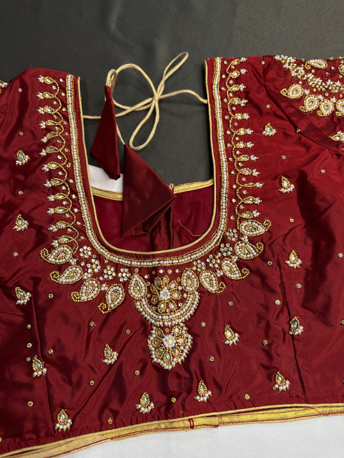 Marron Red Pearl Silk Maggam Aari Blouse