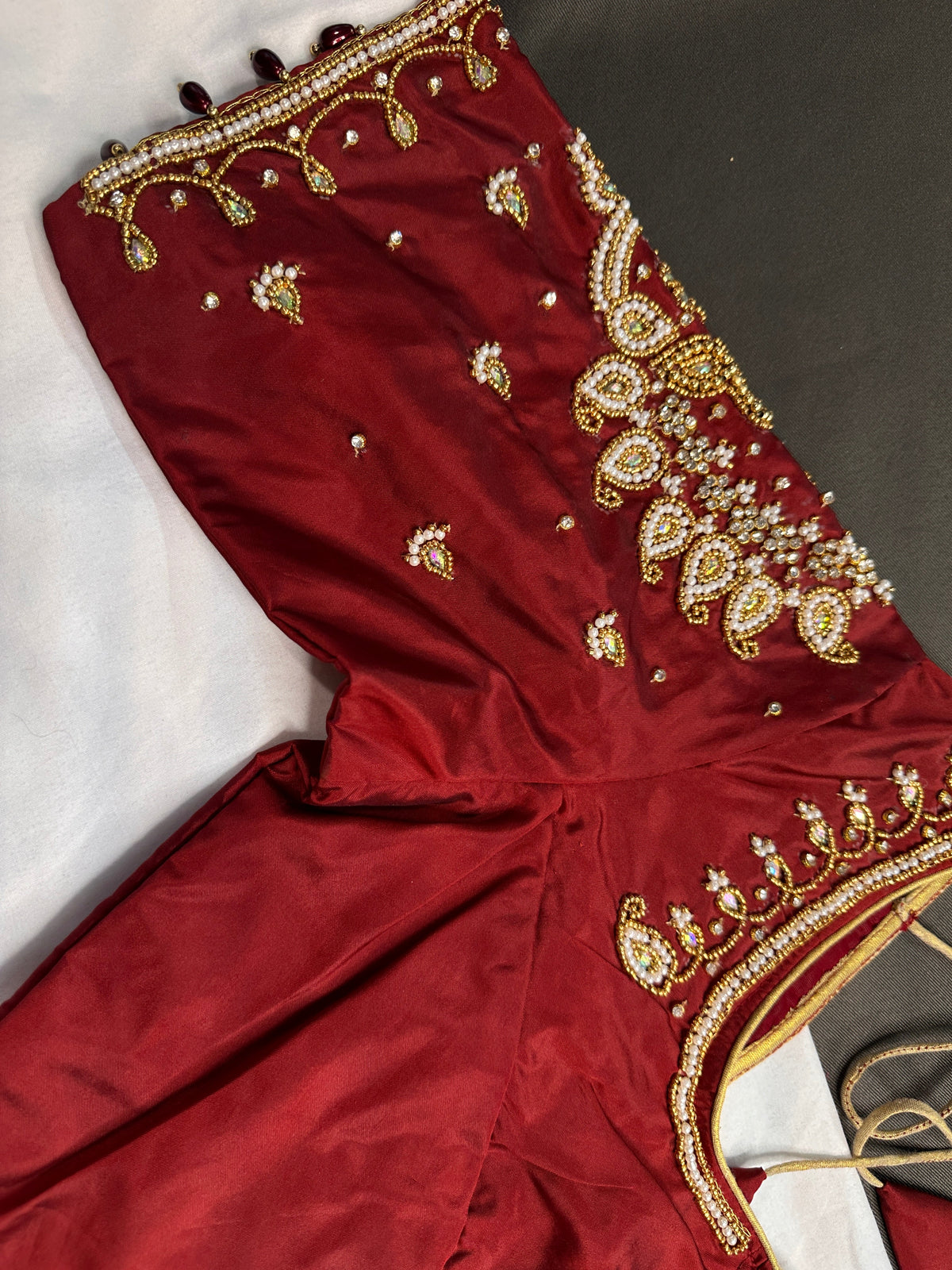 Marron Red Pearl Silk Maggam Aari Blouse