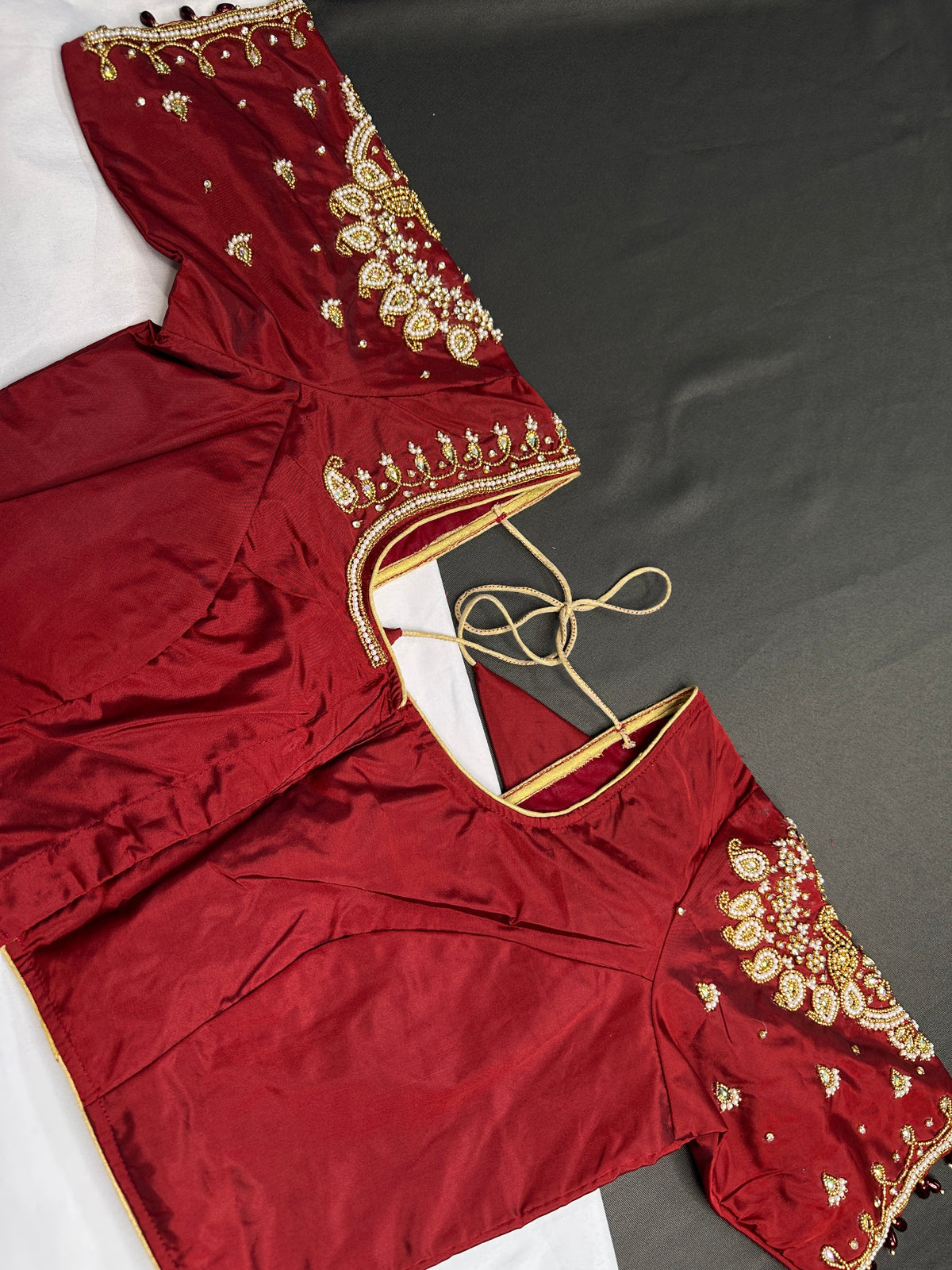 Marron Red Pearl Silk Maggam Aari Blouse