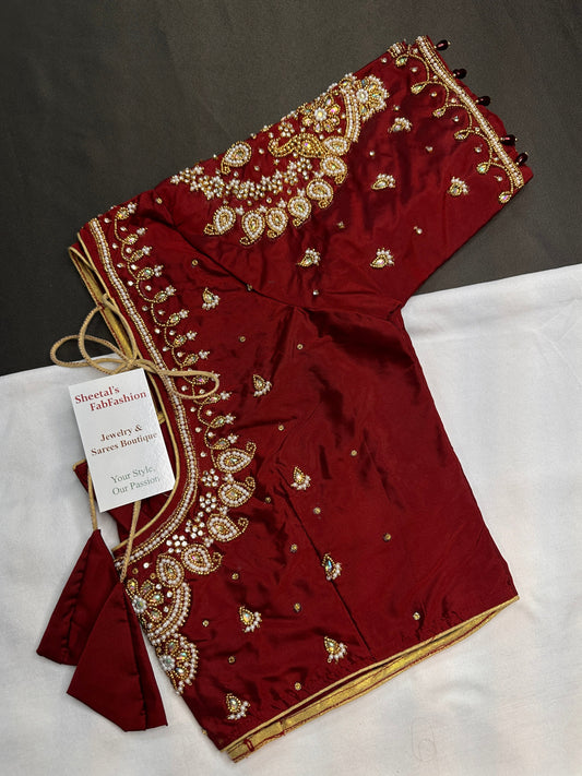 Marron Red Pearl Silk Maggam Aari Blouse