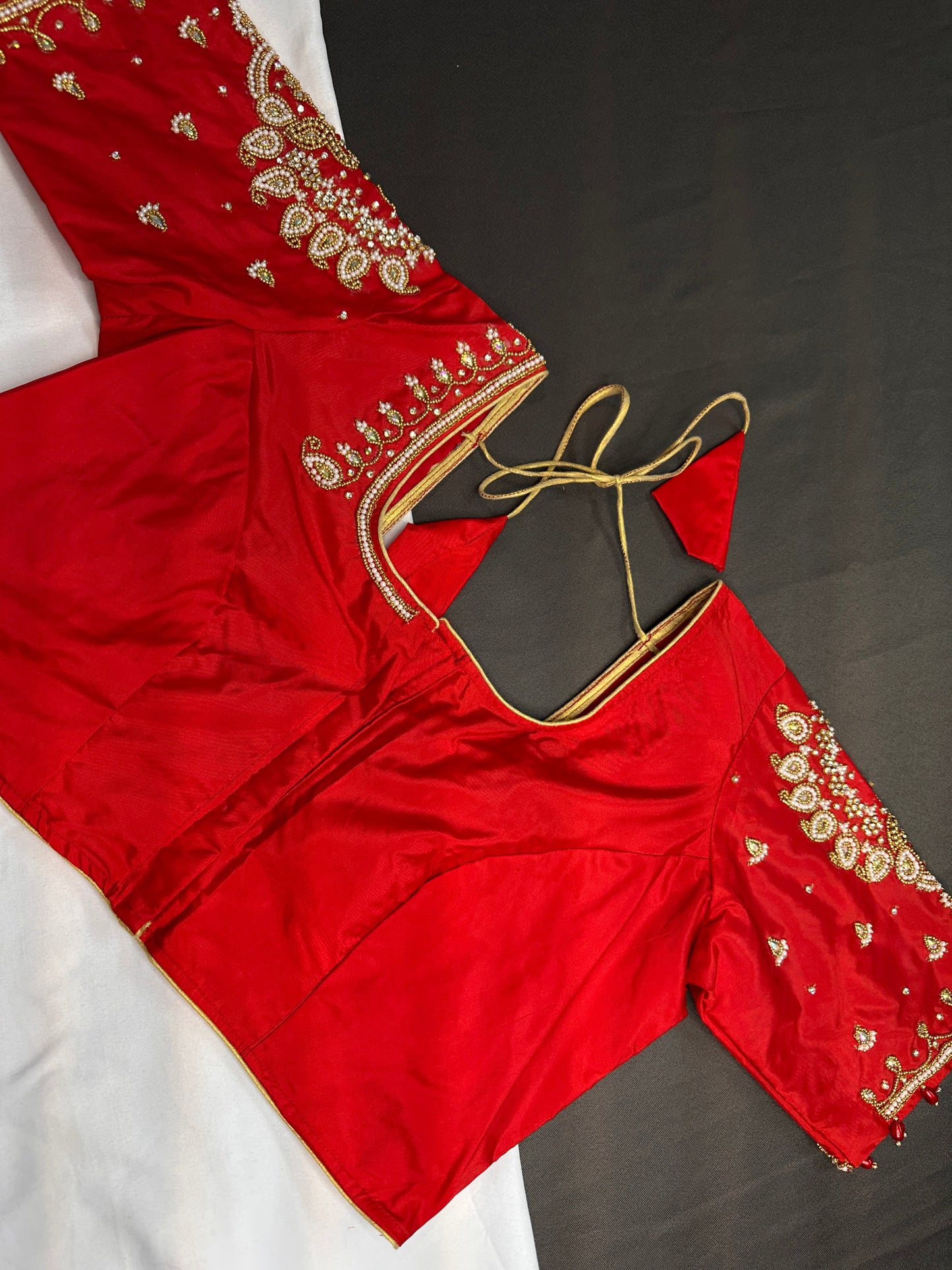 Red Pearl Silk Maggam Aari Blouse