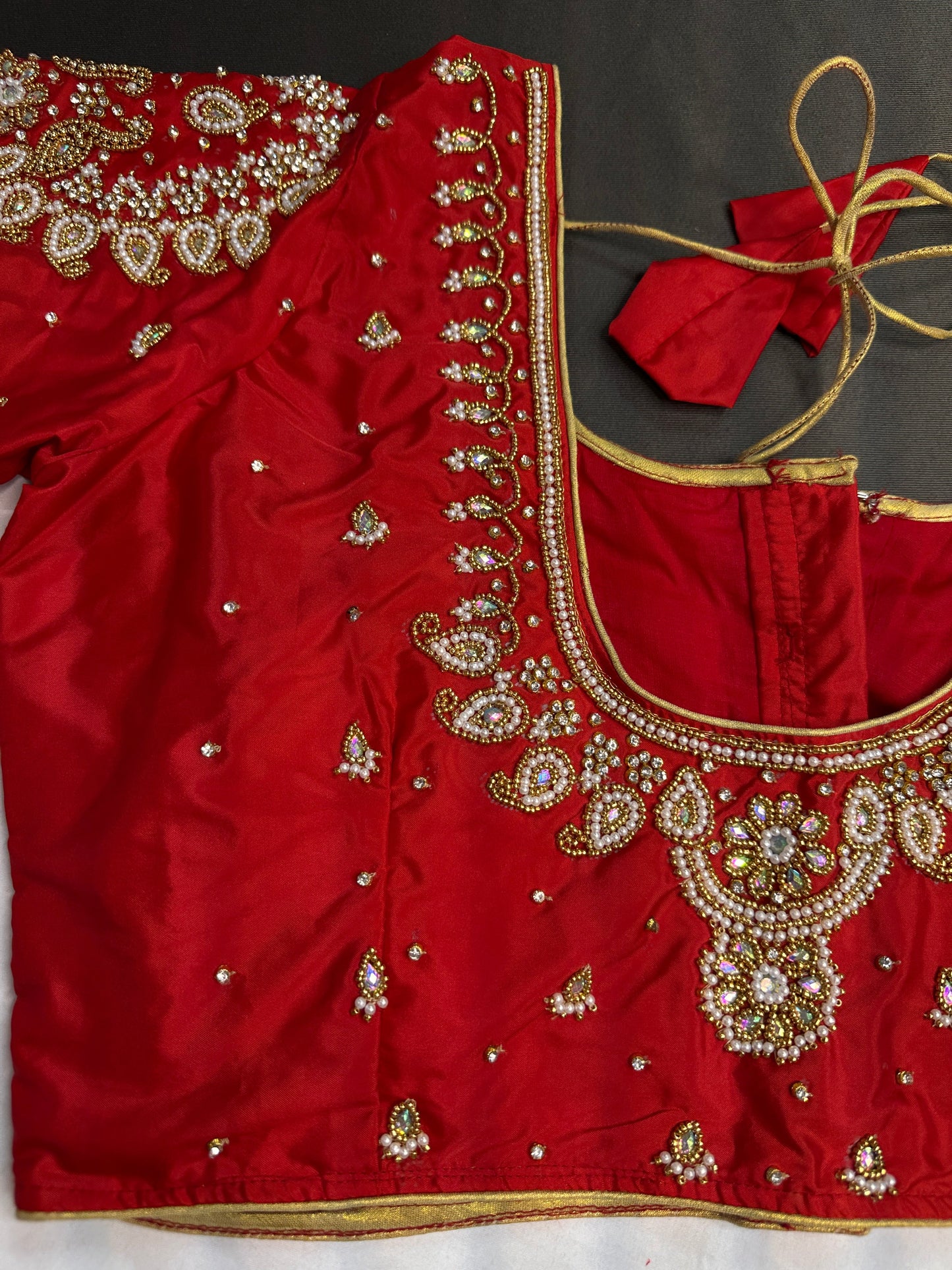 Red Pearl Silk Maggam Aari Blouse