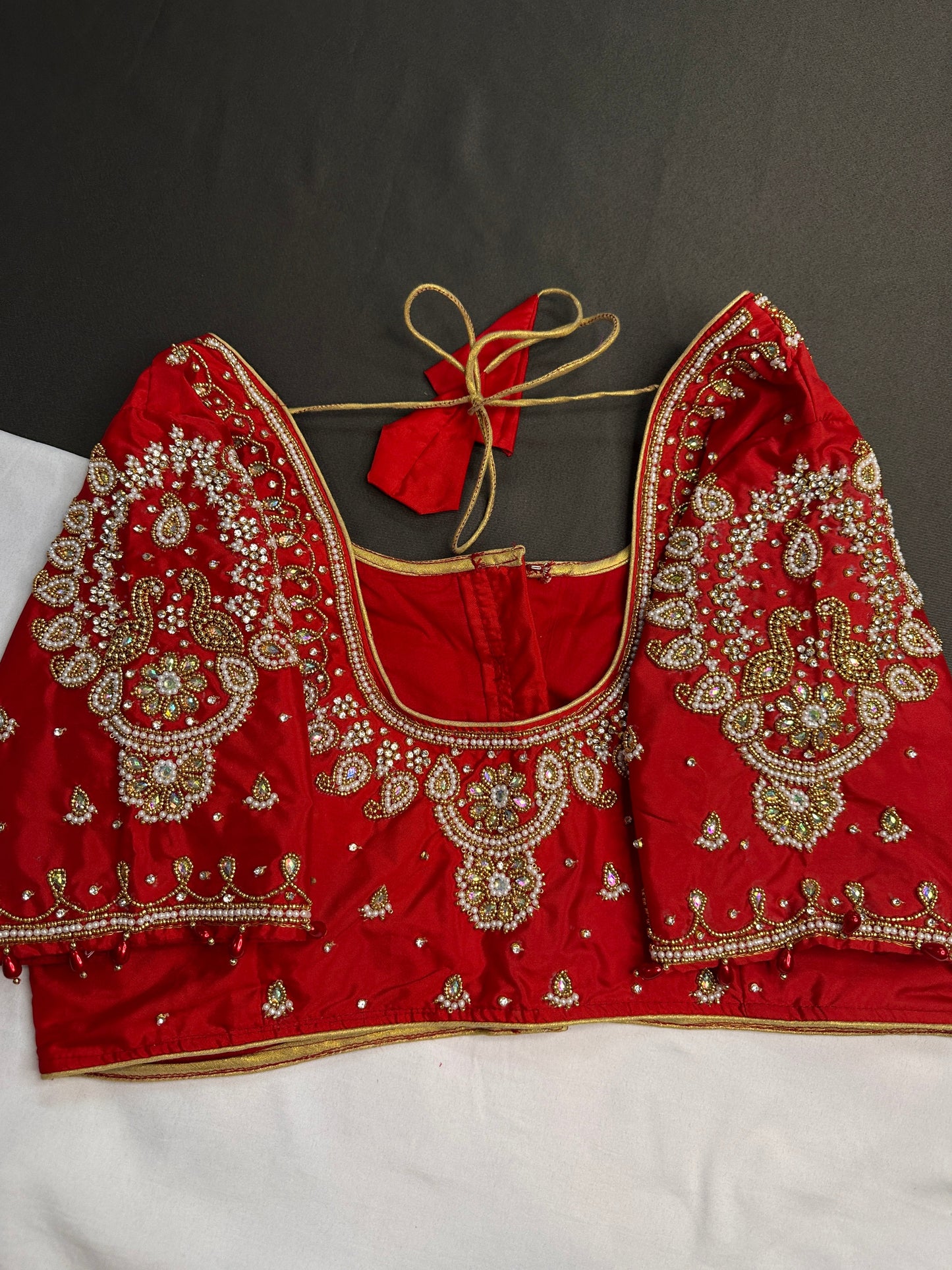 Red Pearl Silk Maggam Aari Blouse