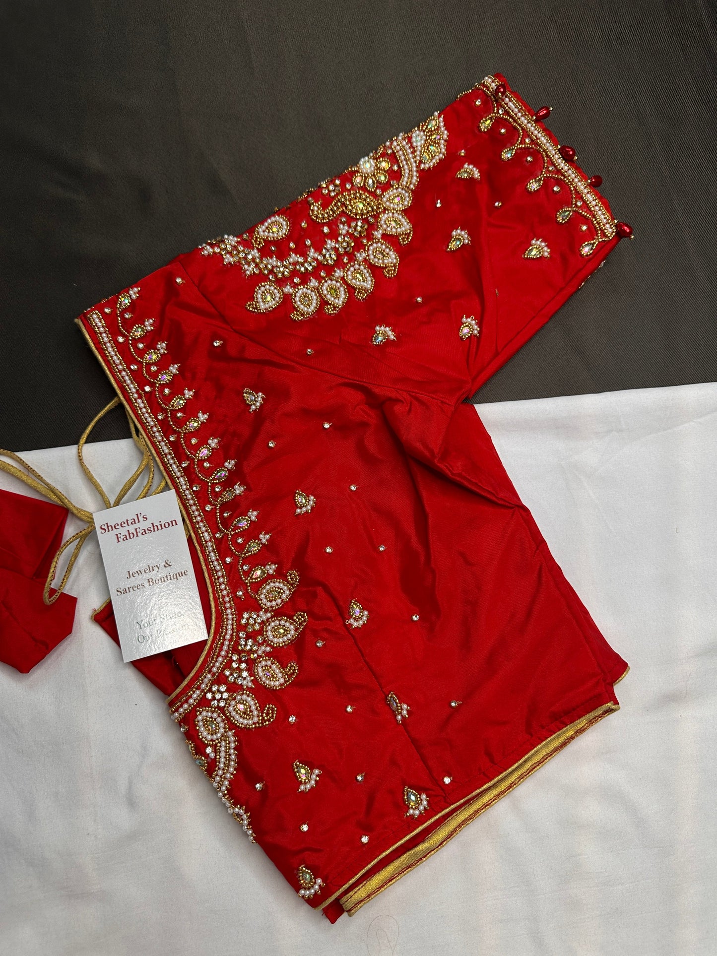 Red Pearl Silk Maggam Aari Blouse