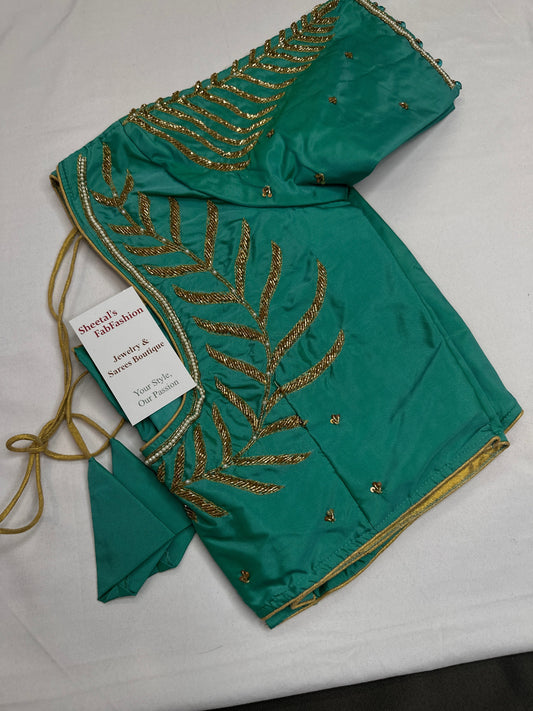Teal Green Silk Maggam Aari Blouse