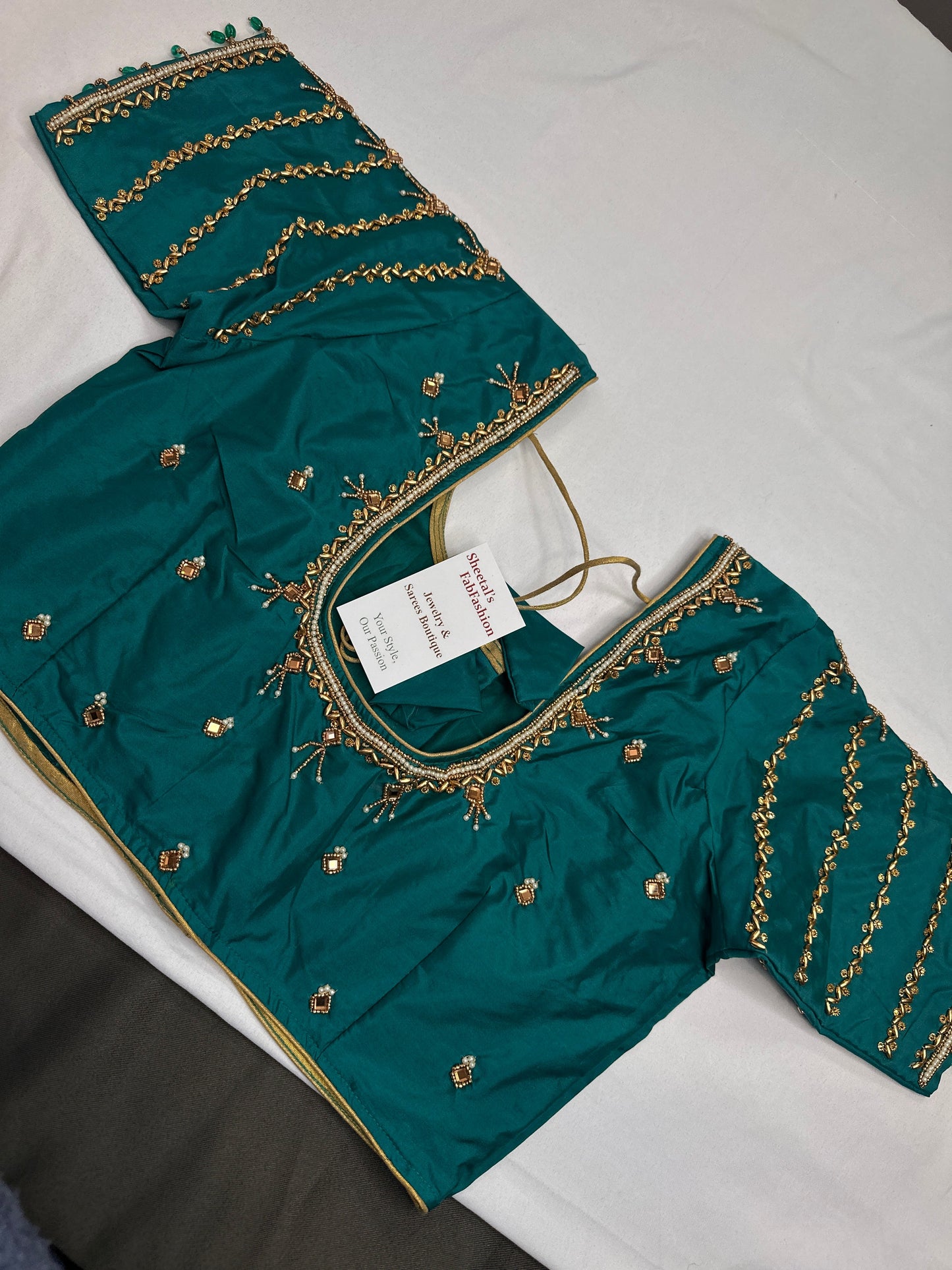 Teal Green Silk Maggam Aari Blouse