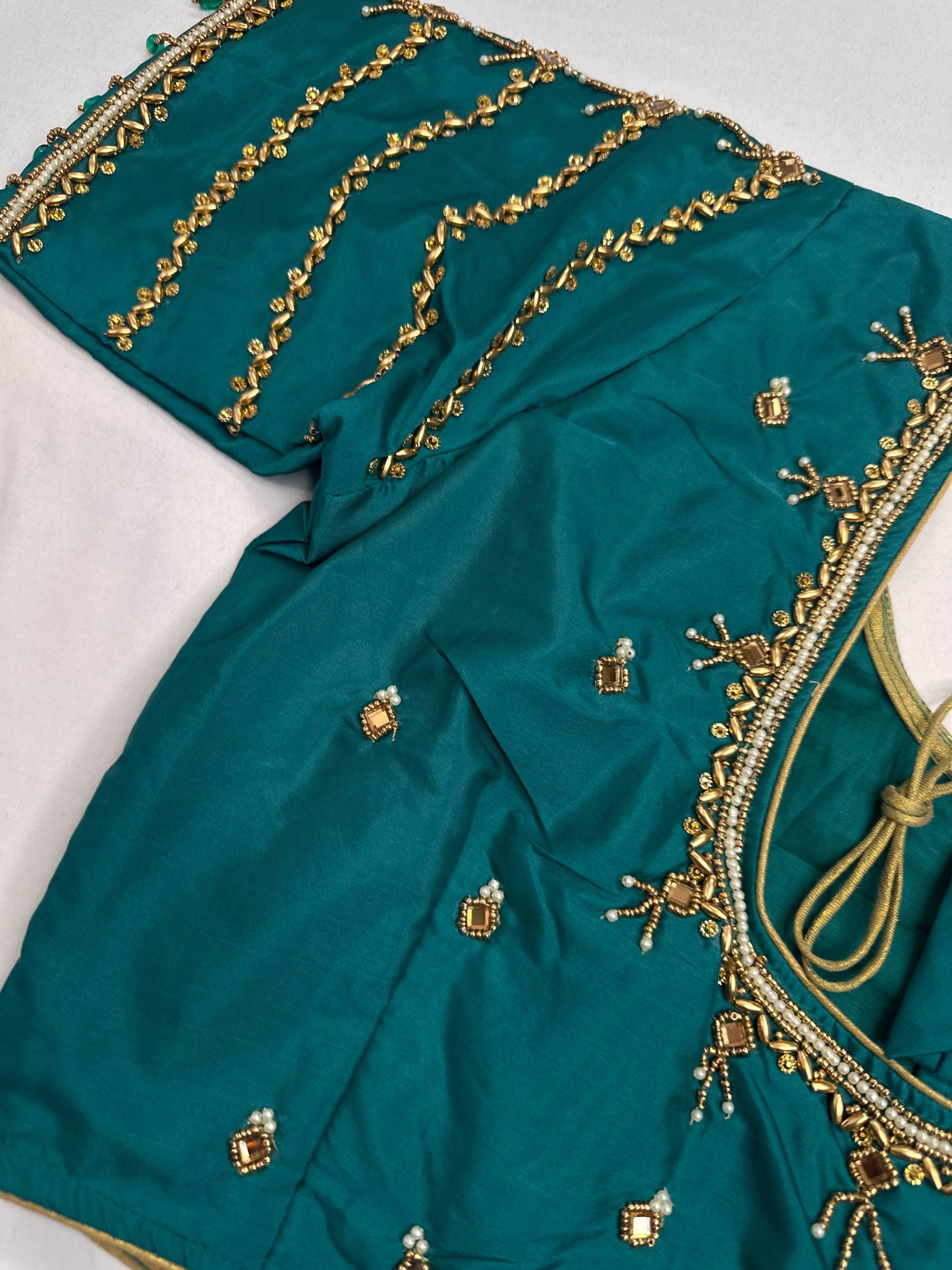 Teal Green Silk Maggam Aari Blouse