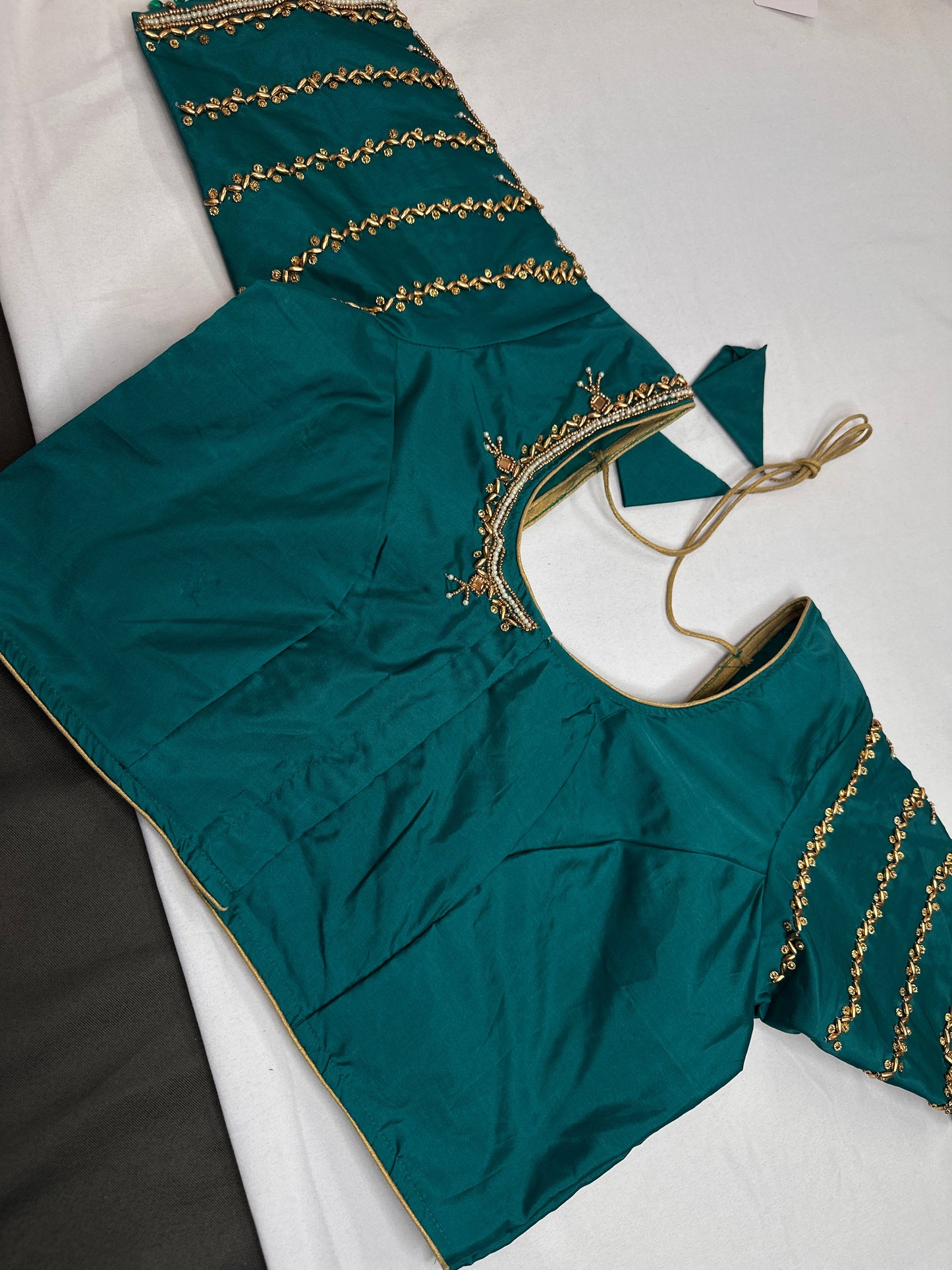 Teal Green Silk Maggam Aari Blouse