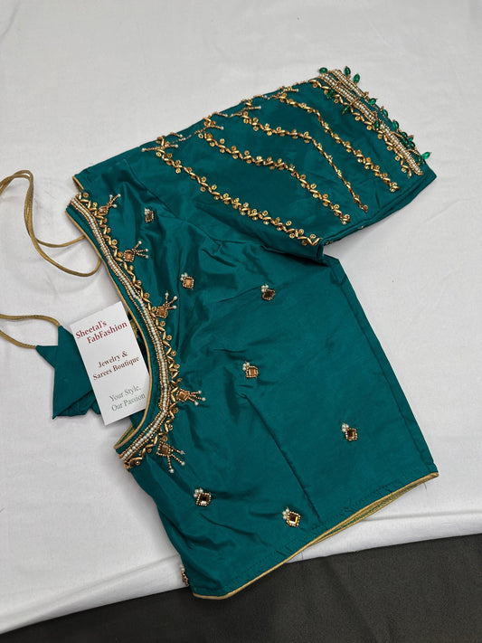 Teal Green Silk Maggam Aari Blouse