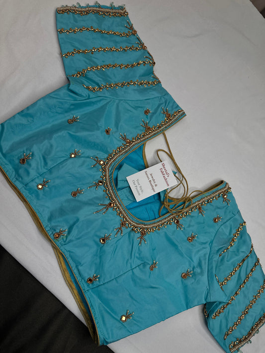 Teal Blue Silk Maggam Aari Blouse