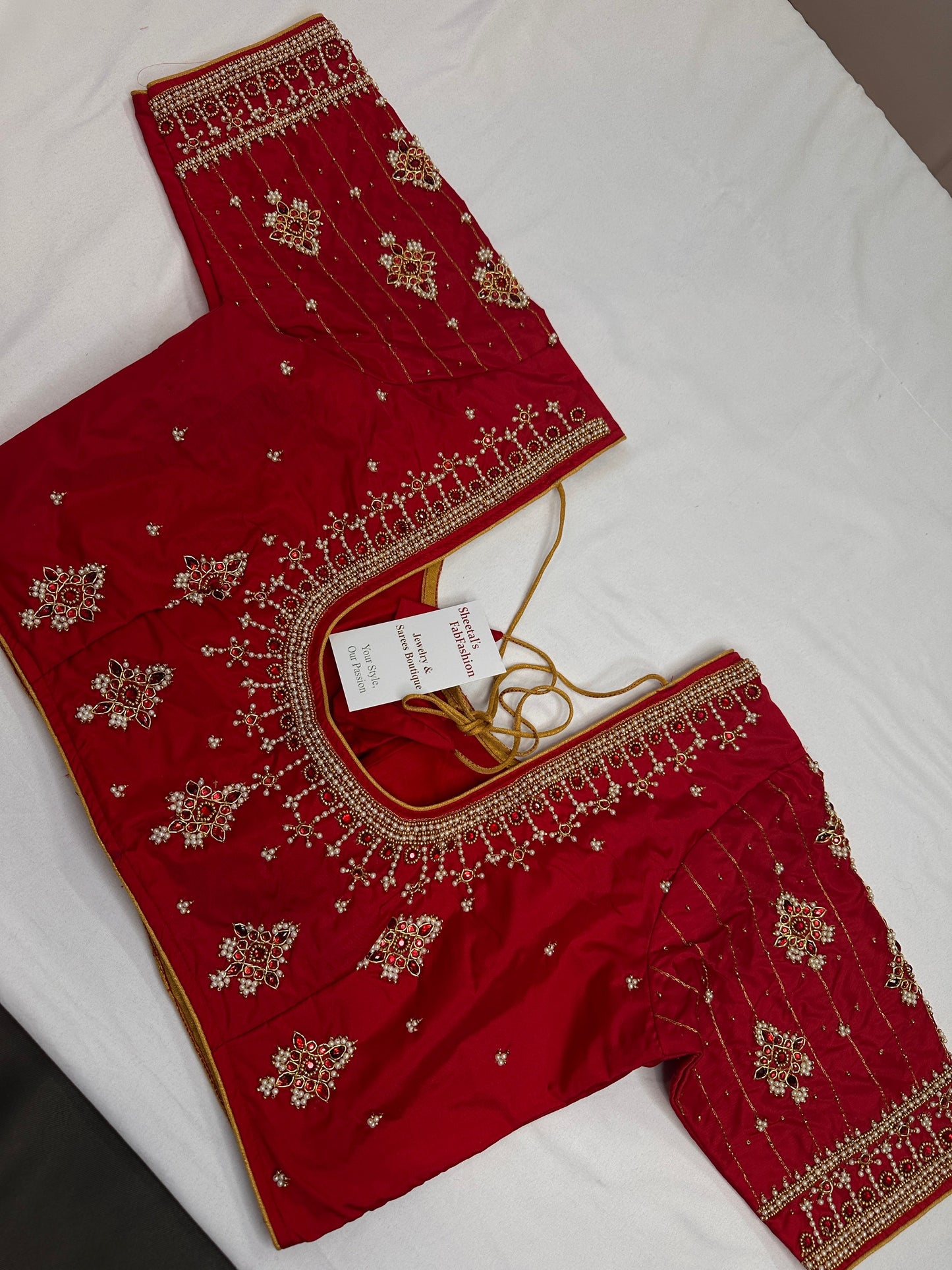 Red Silk Pearl Maggam Aari Blouse