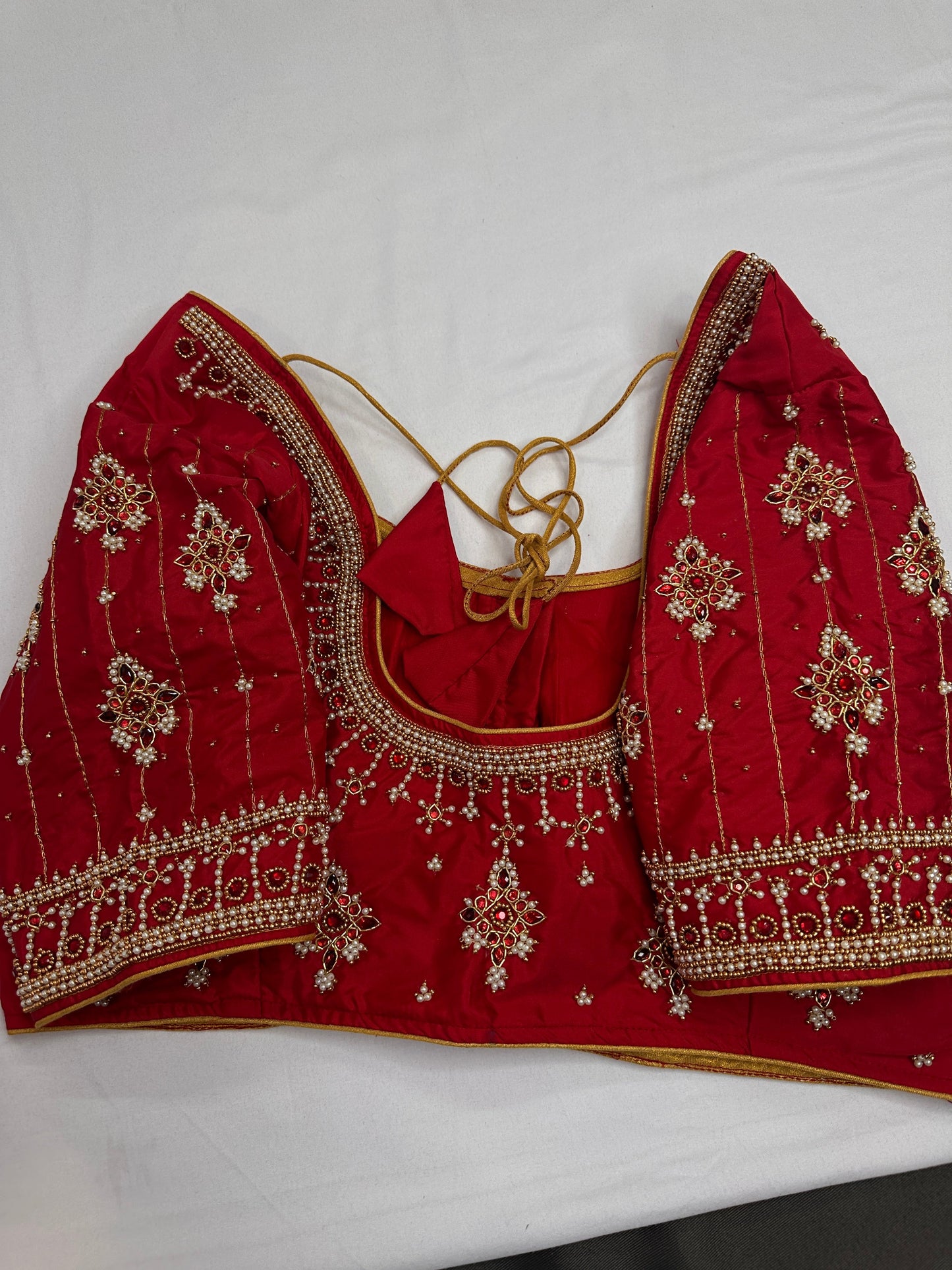Red Silk Pearl Maggam Aari Blouse