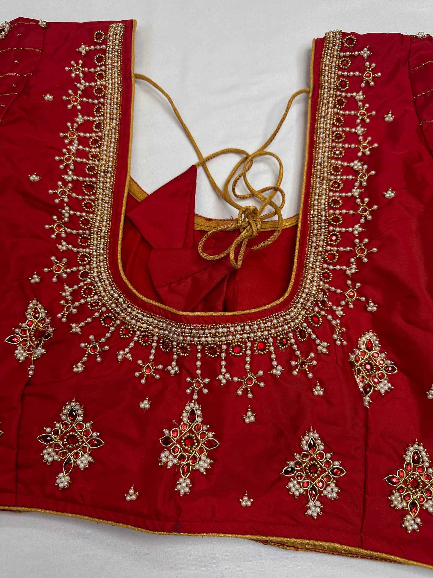 Red Silk Pearl Maggam Aari Blouse