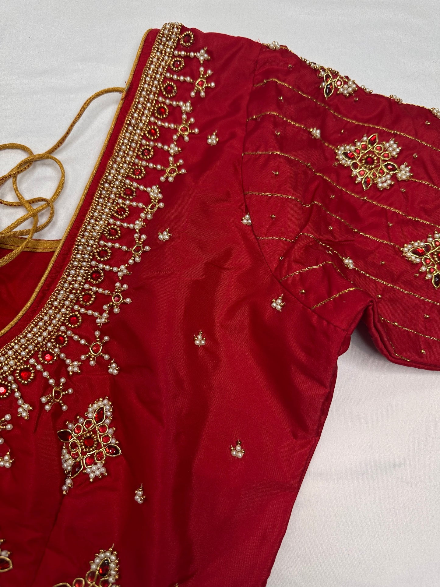 Red Silk Pearl Maggam Aari Blouse