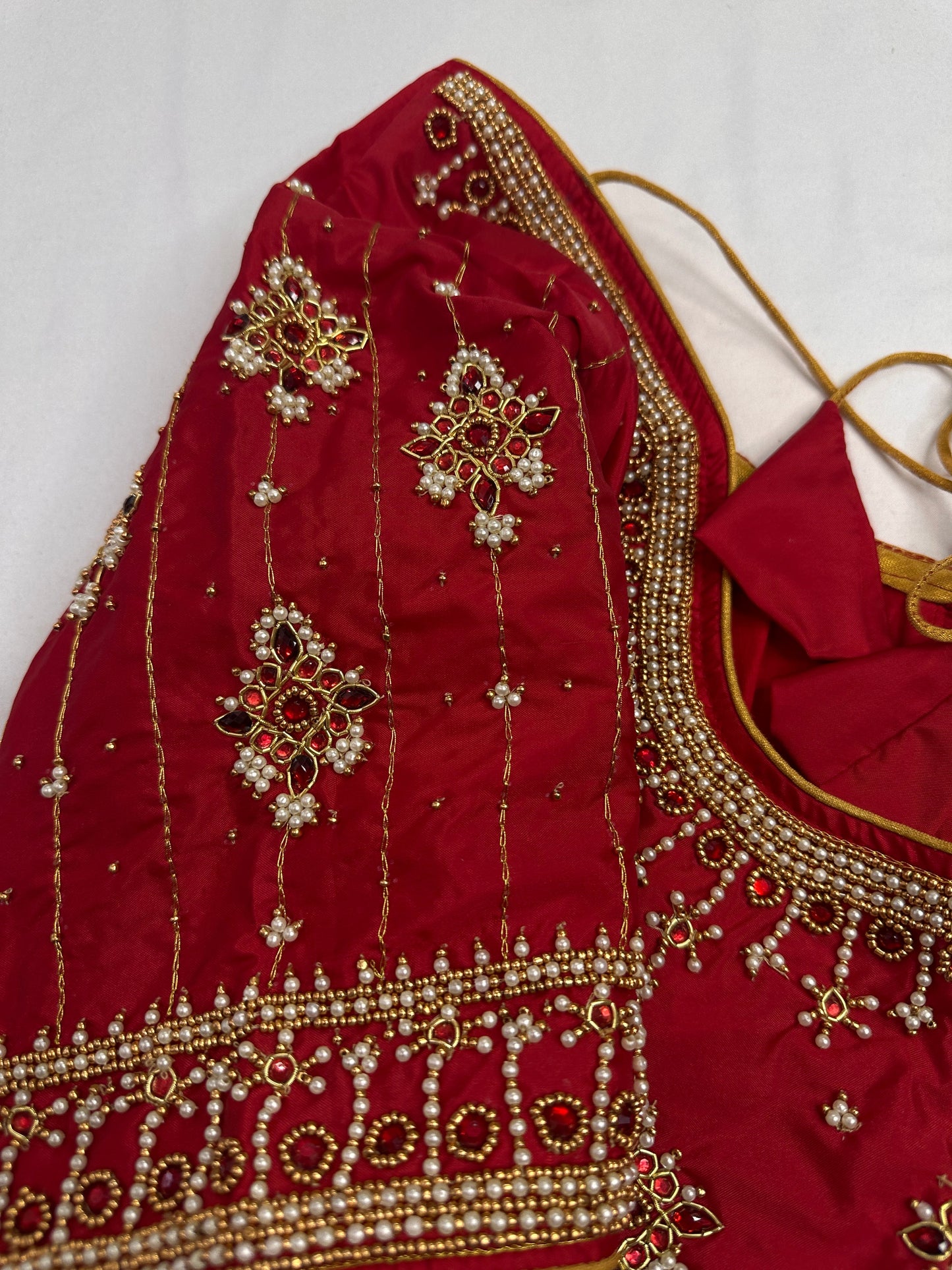 Red Silk Pearl Maggam Aari Blouse
