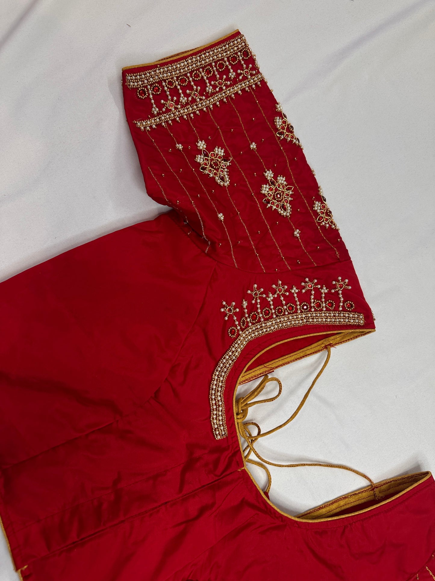 Red Silk Pearl Maggam Aari Blouse