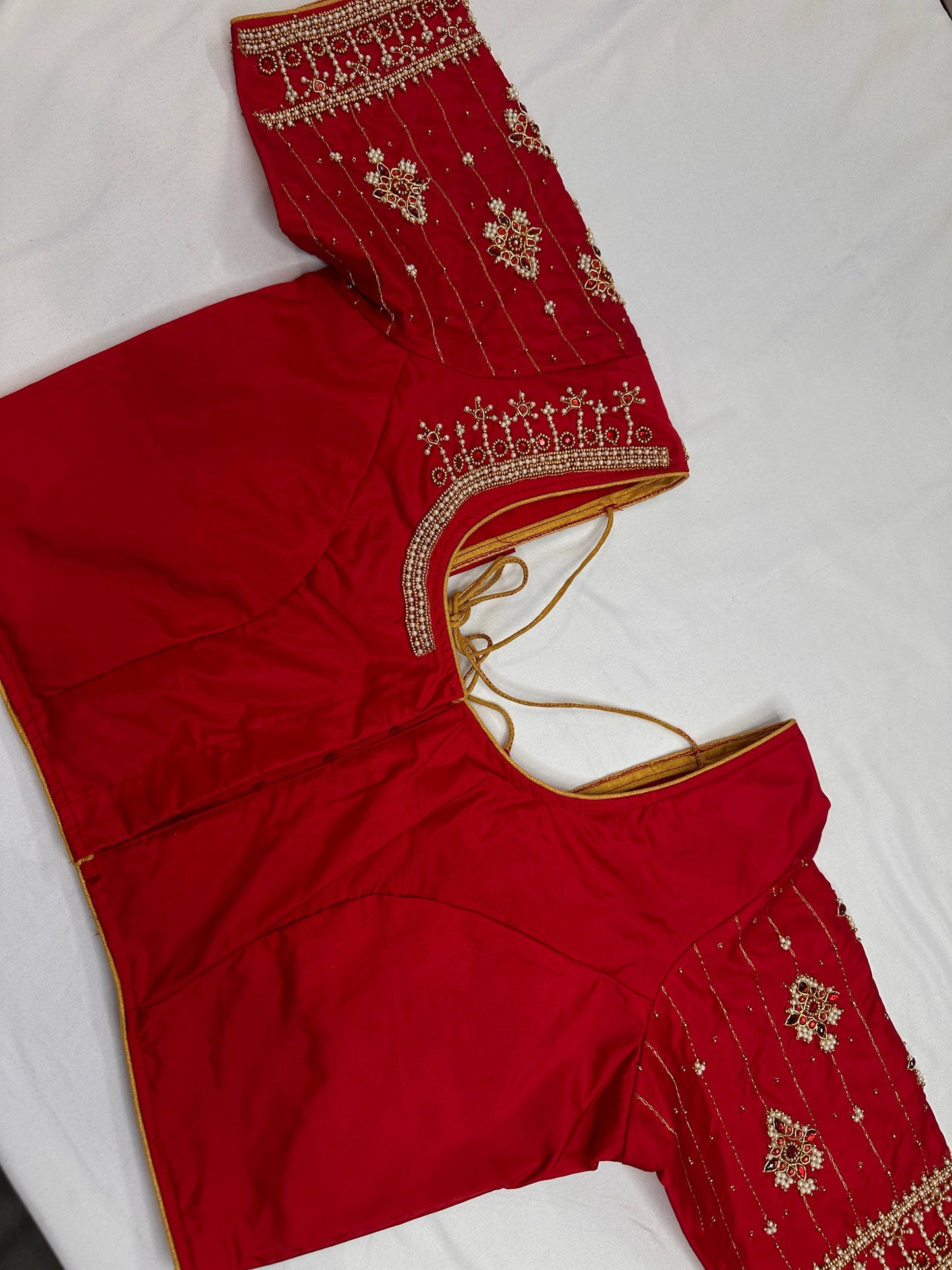 Red Silk Pearl Maggam Aari Blouse