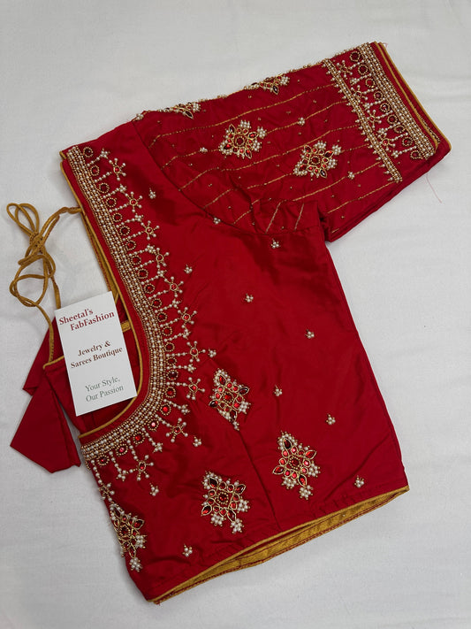 Red Silk Pearl Maggam Aari Blouse