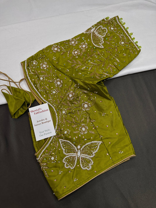 Green Butterfly Silk Maggam Aari Blouse
