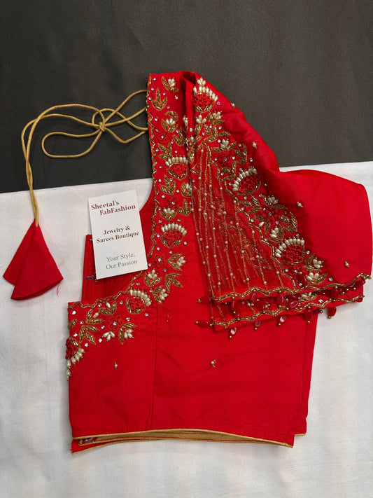 Red Net Silk Maggam Aari Blouse