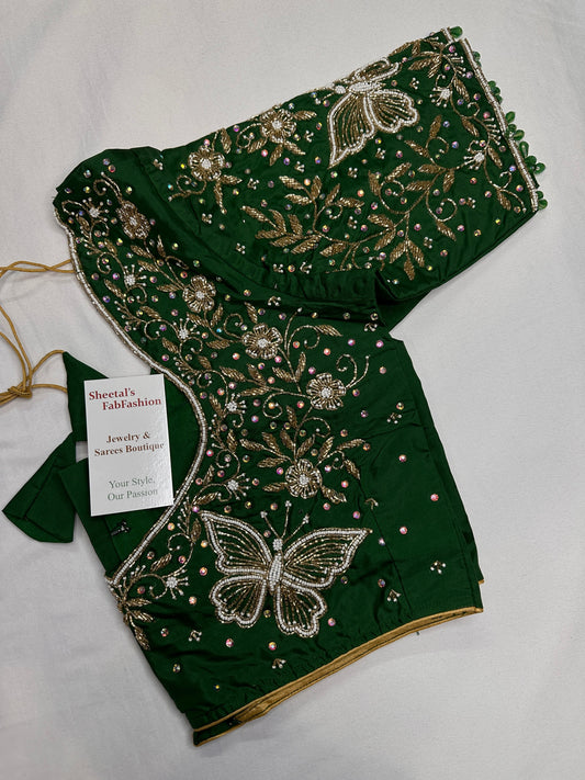 Green Butterfly Silk Maggam Aari Blouse