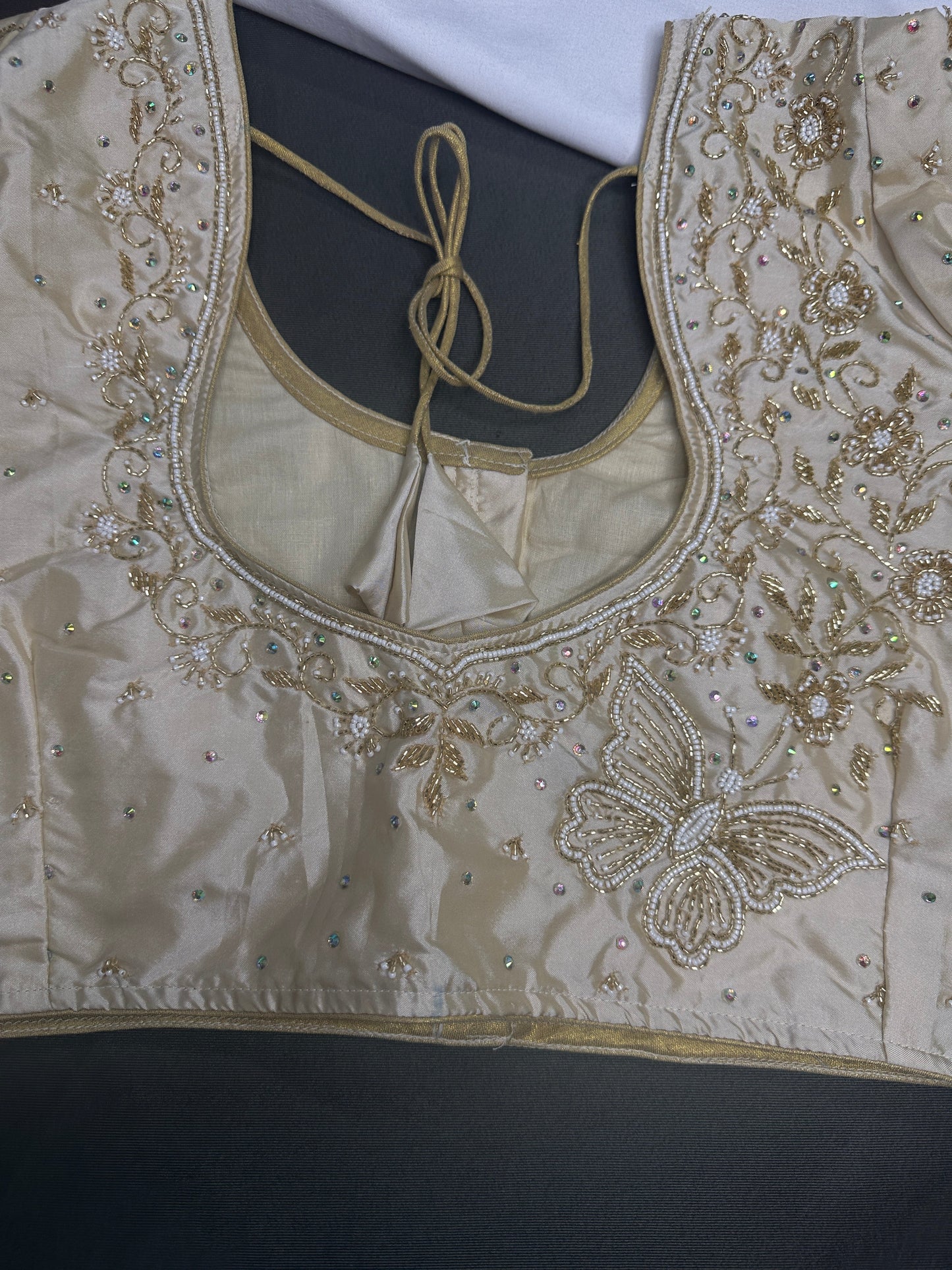 Beige Butterfly Silk Maggam Aari Blouse