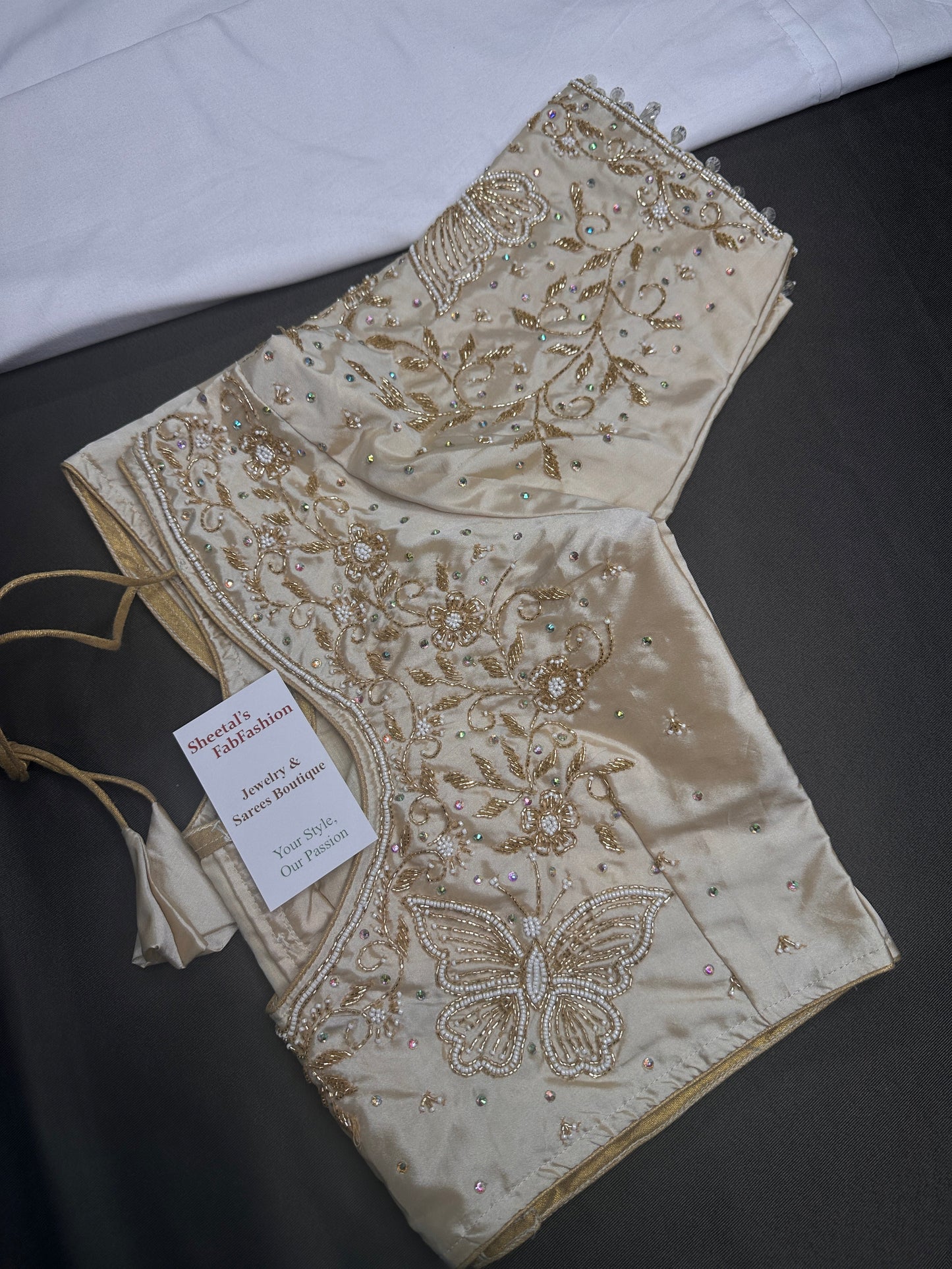 Beige Butterfly Silk Maggam Aari Blouse