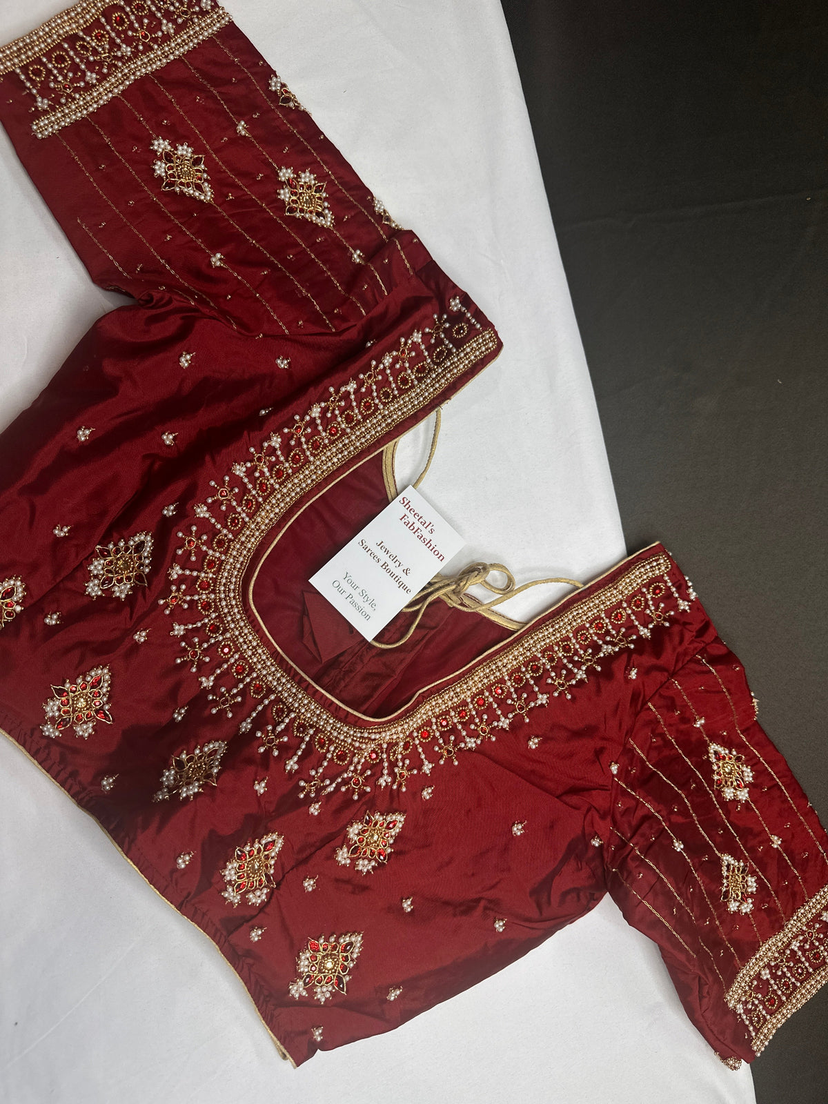 Maroon Red Silk Pearl Maggam Aari Blouse