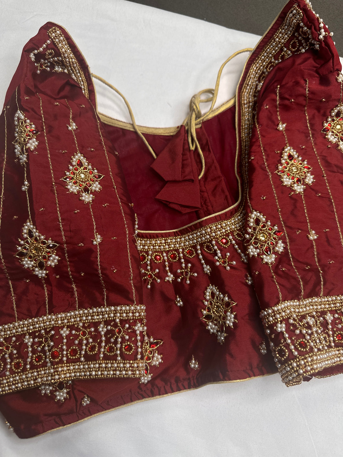 Maroon Red Silk Pearl Maggam Aari Blouse