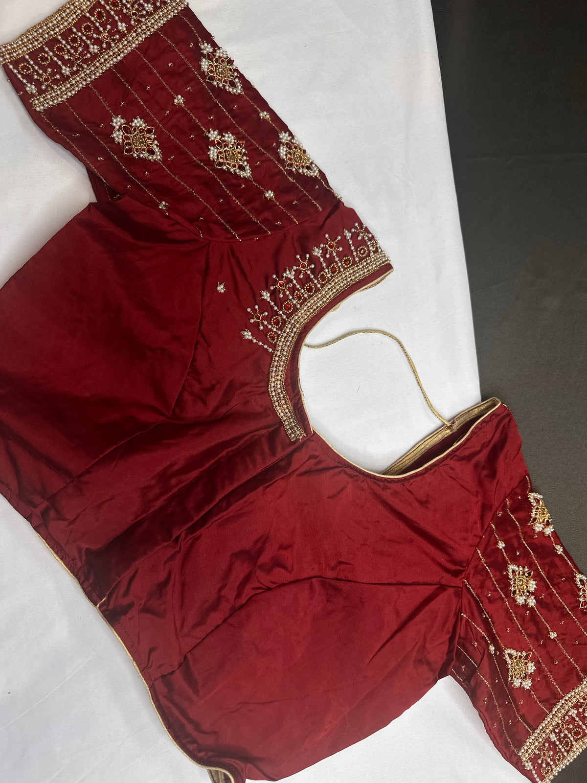 Maroon Red Silk Pearl Maggam Aari Blouse