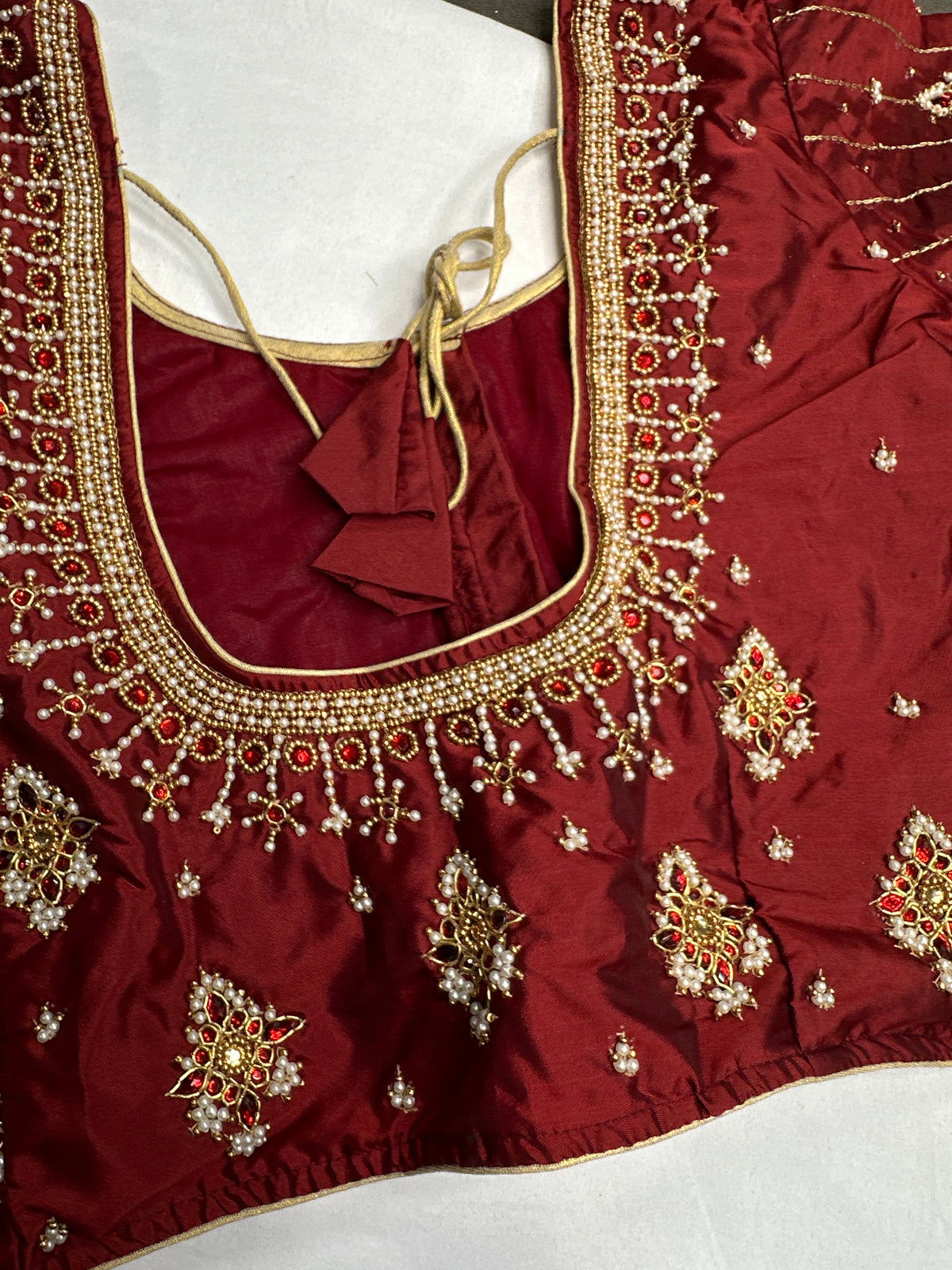 Maroon Red Silk Pearl Maggam Aari Blouse