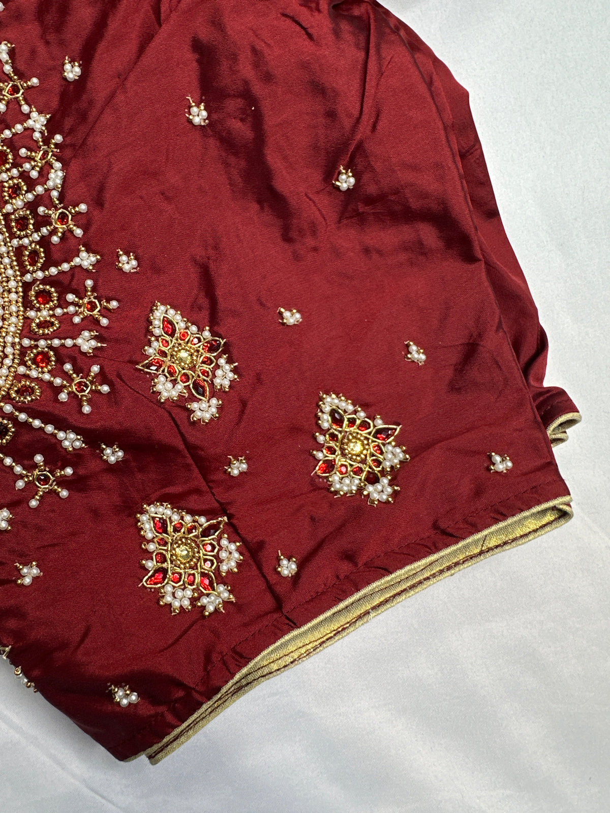 Maroon Red Silk Pearl Maggam Aari Blouse
