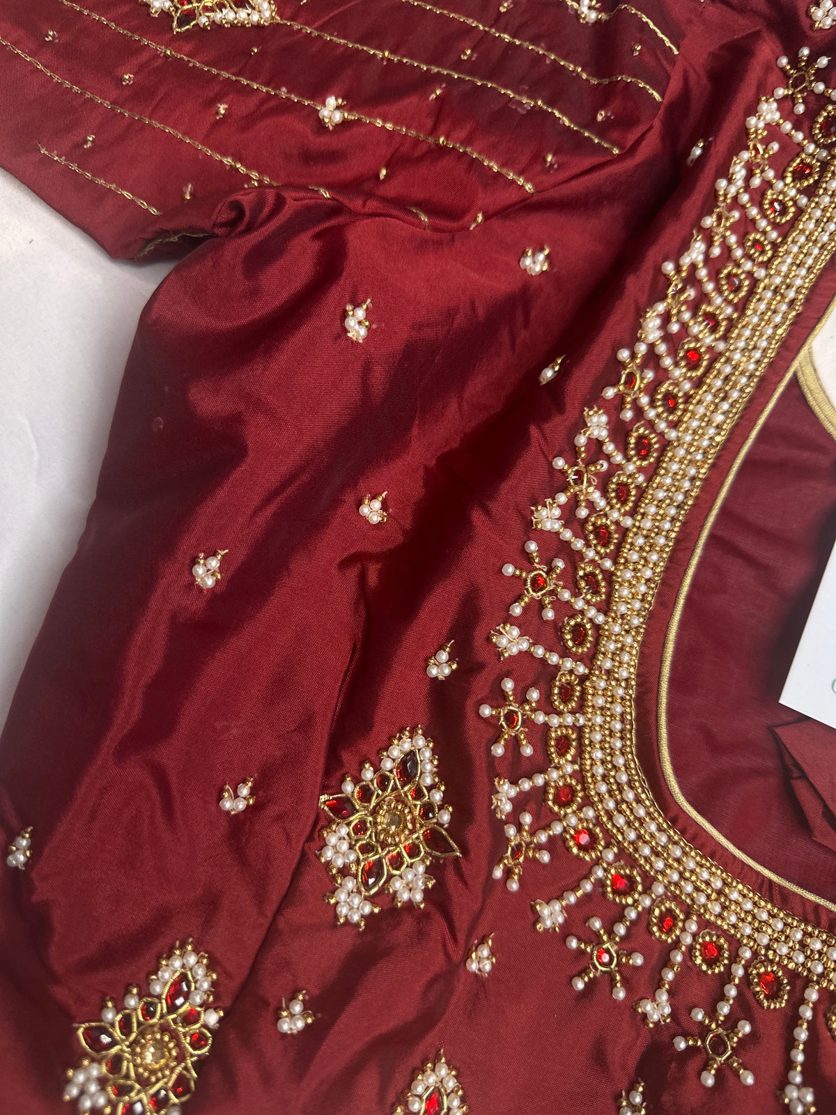 Maroon Red Silk Pearl Maggam Aari Blouse