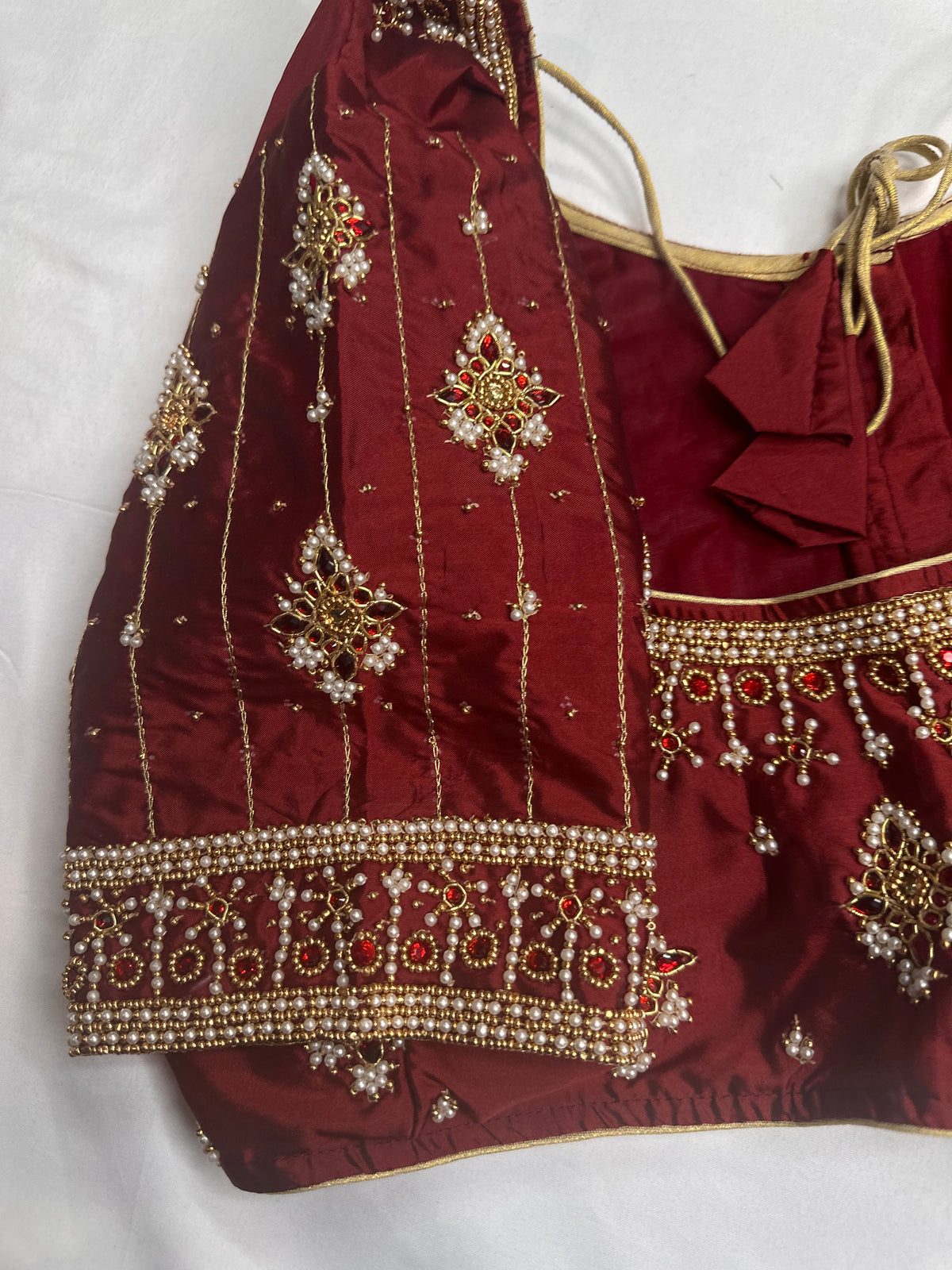 Maroon Red Silk Pearl Maggam Aari Blouse